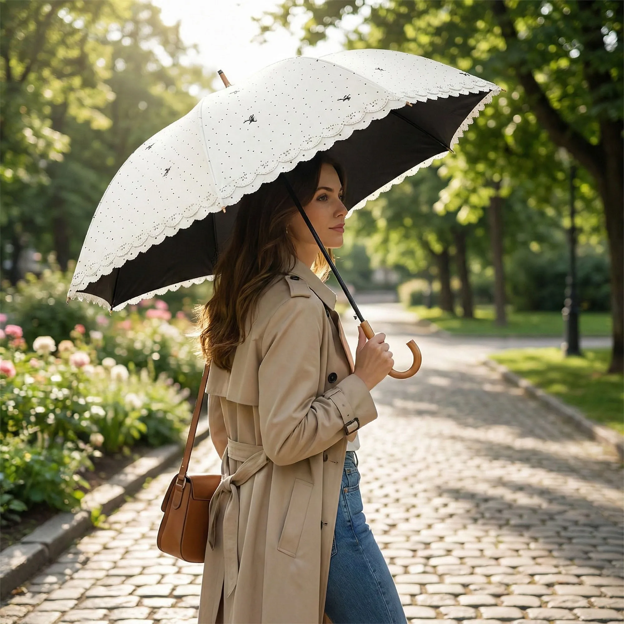 Floral Print Compact Umbrella with Scalloped Edge Canopy Automatic Open and Wind Resistant Frame sold by Anna-Kaci product image thumbnail 4