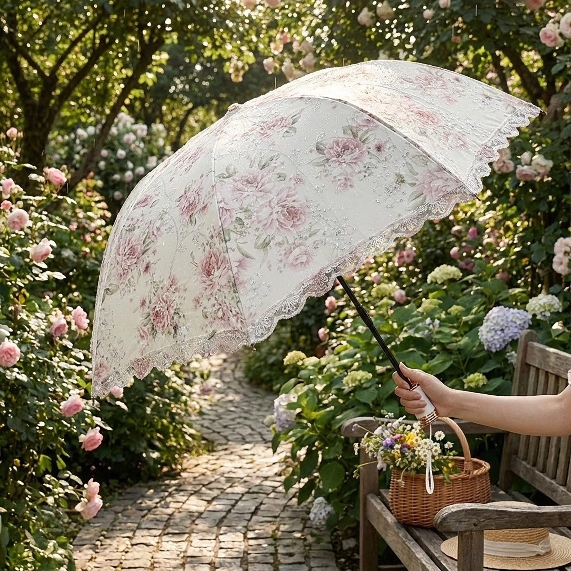Anna-Kaci Vintage Floral Lace Trim Umbrella with Scalloped Edge Canopy sold by Anna-Kaci product image thumbnail 5