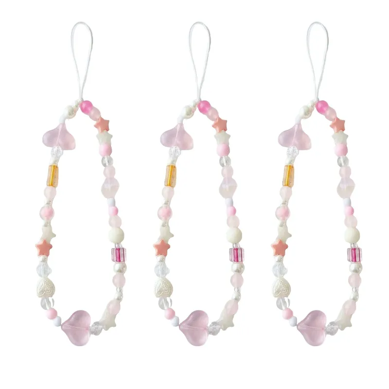 Anna-Kaci 3-PC Iridescent Beaded Phone Charm Strap with Heart Accent made by Anna-Kaci