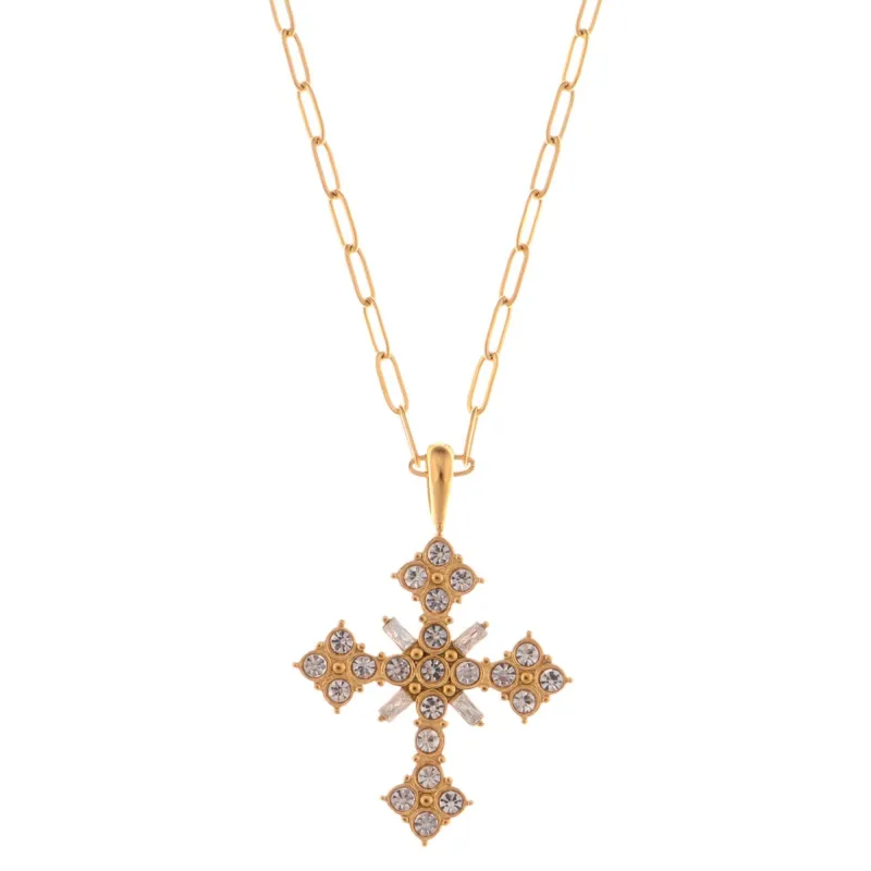 Anna-Kaci Gold Tone Cross Fashion Necklace with Rhinestone Detailing made by Anna-Kaci