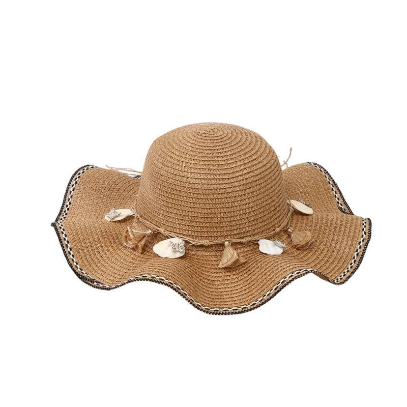 Anna-Kaci Wide Brim Straw Sun Hat Wavy Edge Shell Trim Beach Hat Adjustable Inner Band Packable Hat made by Anna-Kaci