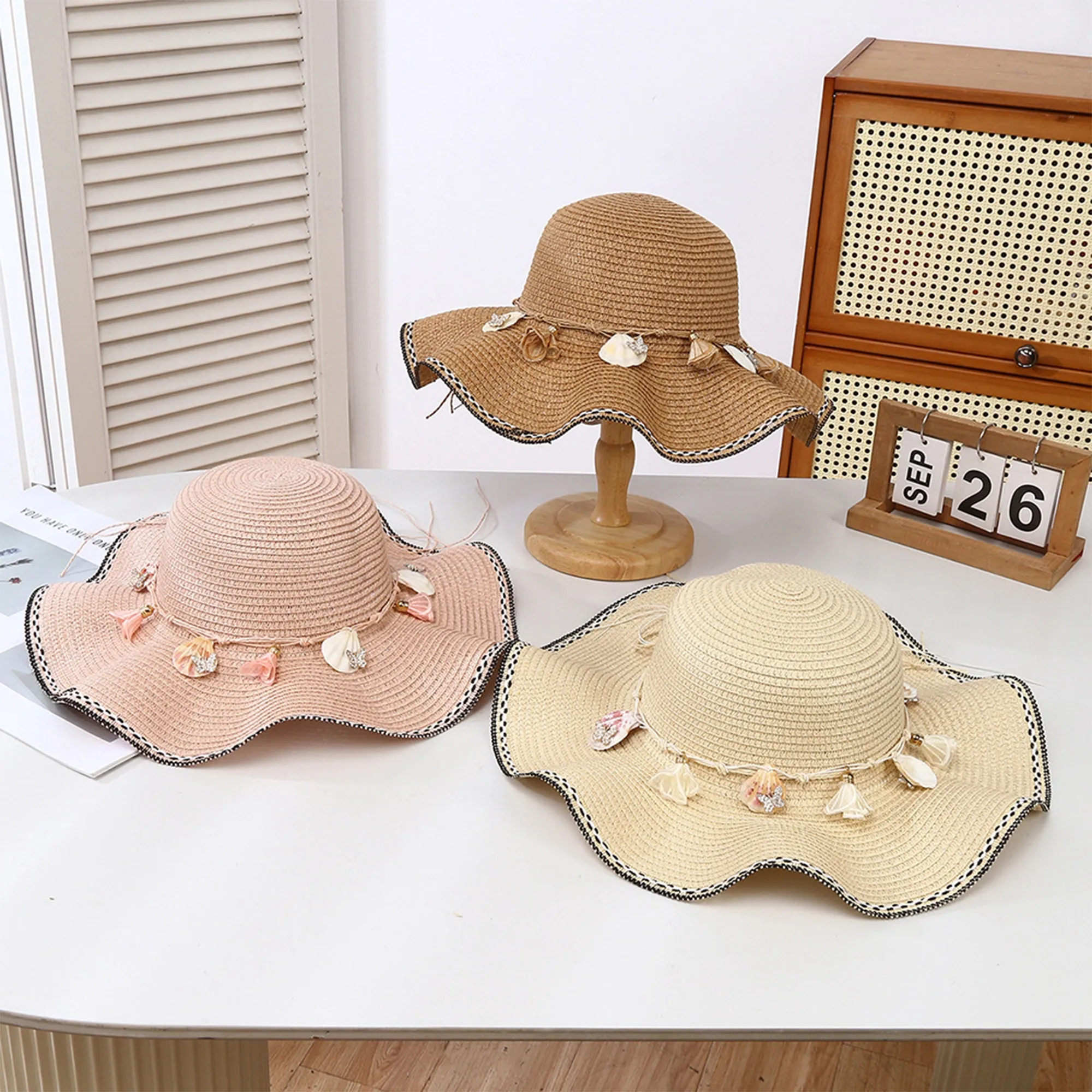 Anna-Kaci Wide Brim Straw Sun Hat Wavy Edge Shell Trim Beach Hat Adjustable Inner Band Packable Hat sold by Anna-Kaci product image thumbnail 5