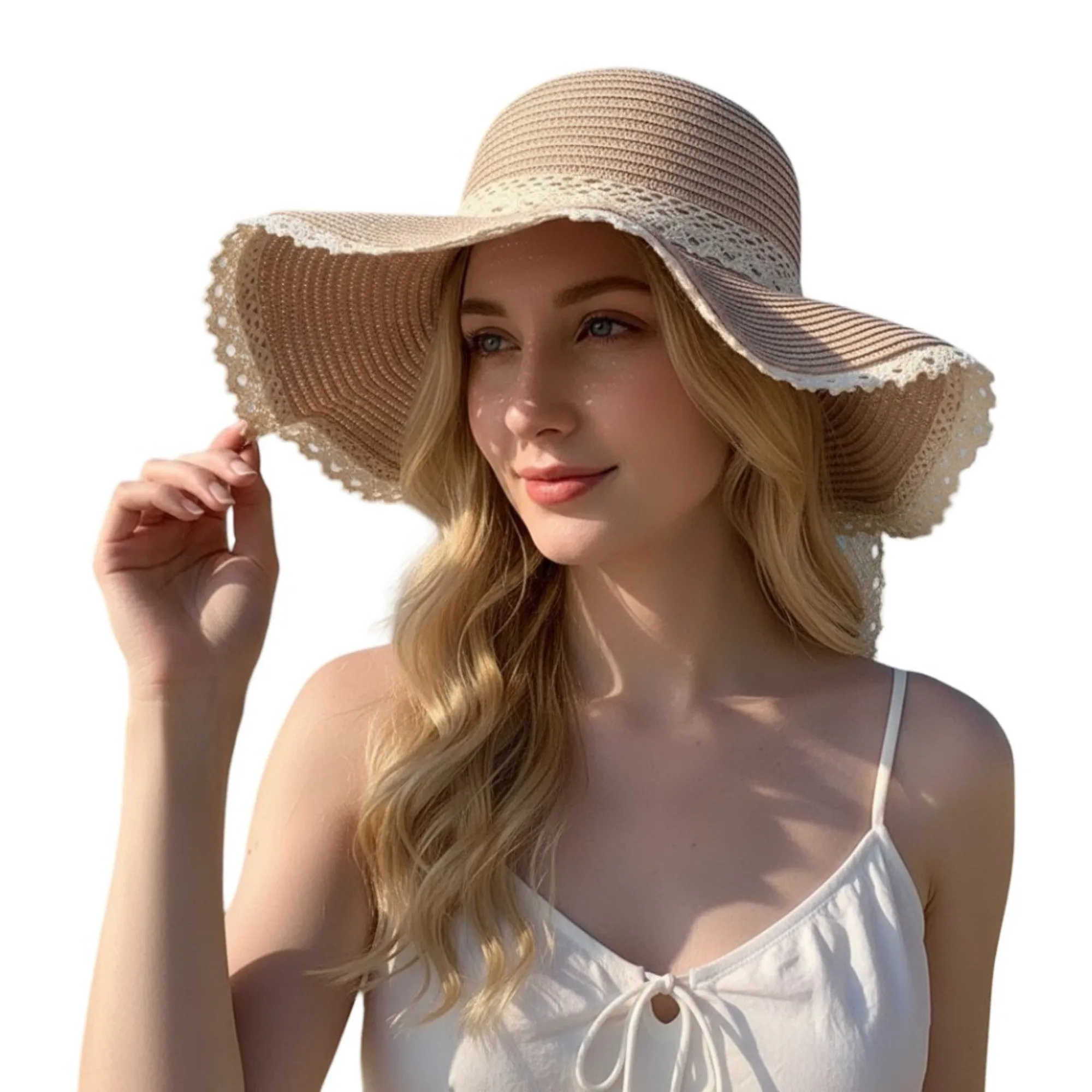 Anna-Kaci Wide Brim Straw Sun Hat Lace Trim Bow Adjustable Chin Strap Breathable Packable Summer Beach Hat sold by Anna-Kaci