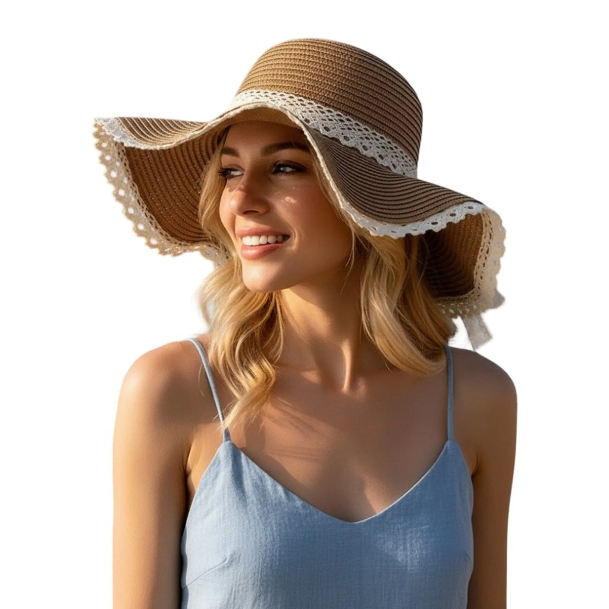 Anna-Kaci Wide Brim Straw Sun Hat Lace Trim Bow Adjustable Chin Strap Breathable Packable Summer Beach Hat sold by Anna-Kaci product image thumbnail 5