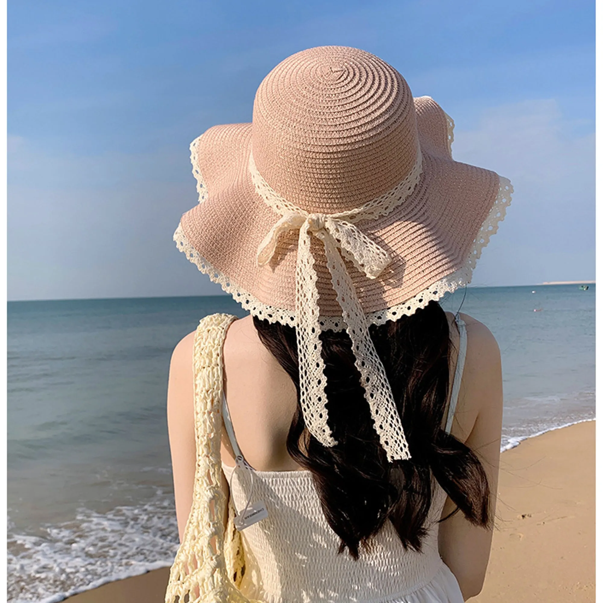Anna-Kaci Wide Brim Straw Sun Hat Lace Trim Bow Adjustable Chin Strap Breathable Packable Summer Beach Hat sold by Anna-Kaci product image thumbnail 2