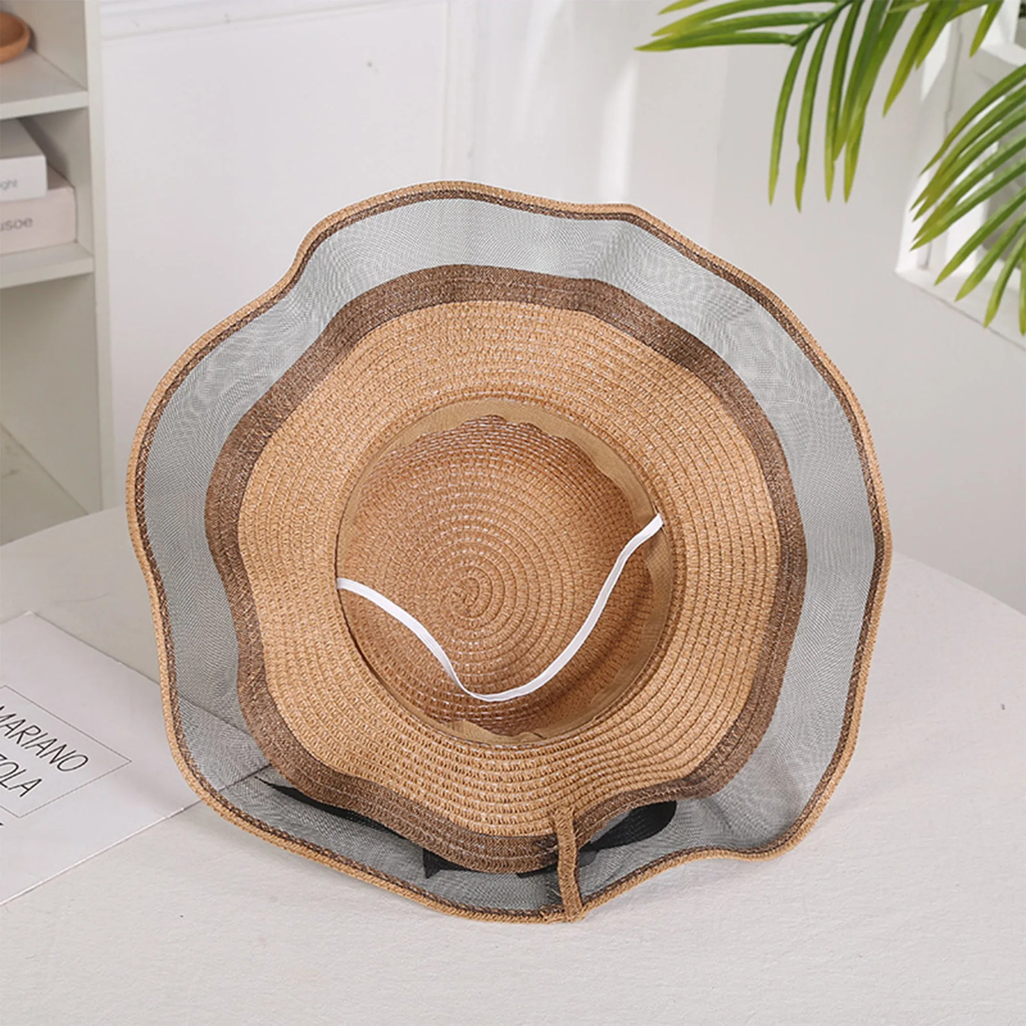 Anna-Kaci Women's Wide Brim Straw Sun Hat Sheer Mesh Trim Bow Ribbon Summer Beach Hat Elegant Style sold by Anna-Kaci product image thumbnail 4