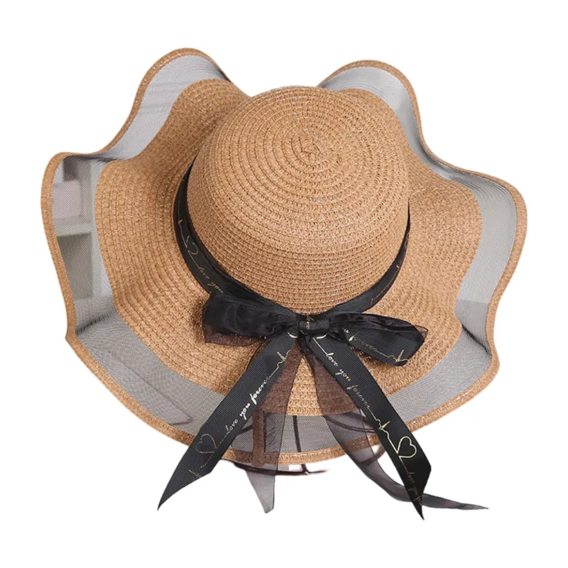 Anna-Kaci Women's Wide Brim Straw Sun Hat Sheer Mesh Trim Bow Ribbon Summer Beach Hat Elegant Style made by Anna-Kaci