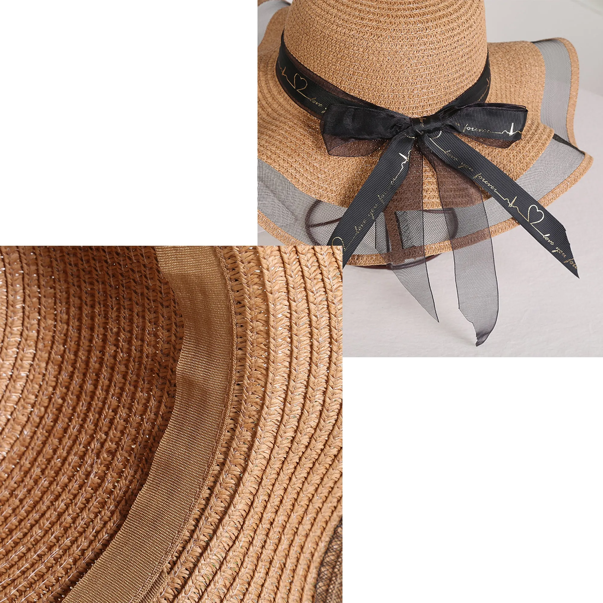Anna-Kaci Women's Wide Brim Straw Sun Hat Sheer Mesh Trim Bow Ribbon Summer Beach Hat Elegant Style sold by Anna-Kaci product image thumbnail 5