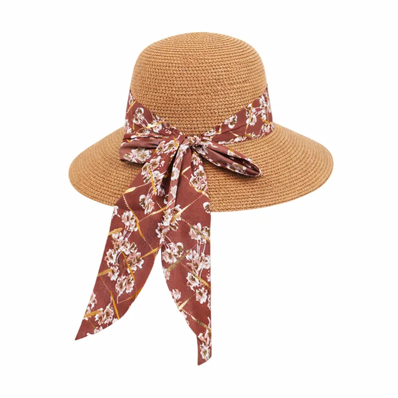 Anna-Kaci Women's Wide Brim Straw Sun Hat Floral Bow Ribbon Summer Beach Hat Adjustable Fit Lightweight made by Anna-Kaci