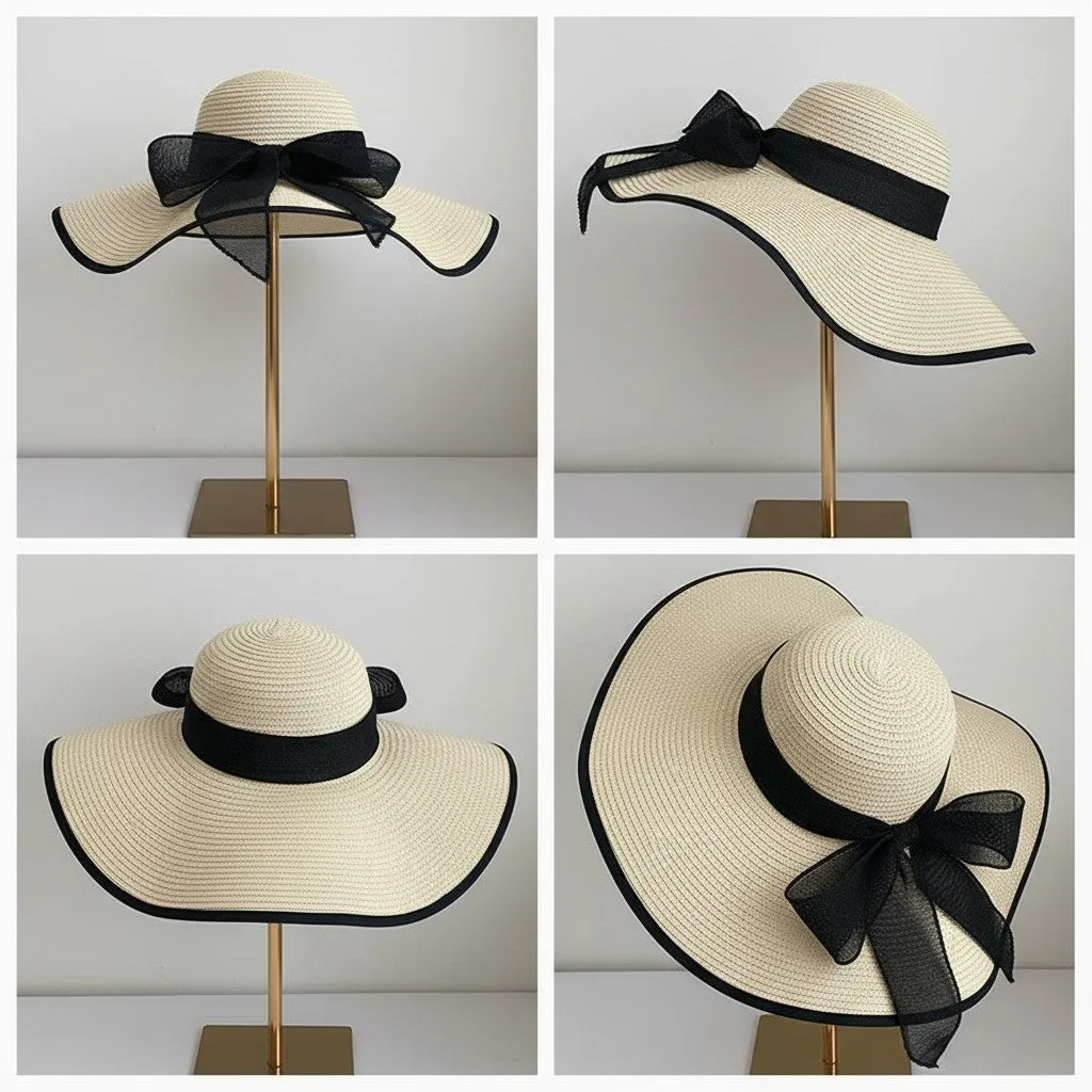 Anna-Kaci Women Wide Brim Straw Sun Hat with Bow Tie Summer Beach Floppy Hat UV Protection sold by Anna-Kaci product image thumbnail 4