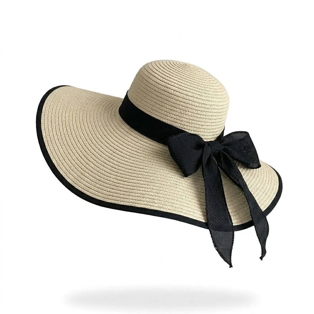 Anna-Kaci Women Wide Brim Straw Sun Hat with Bow Tie Summer Beach Floppy Hat UV Protection sold by Anna-Kaci