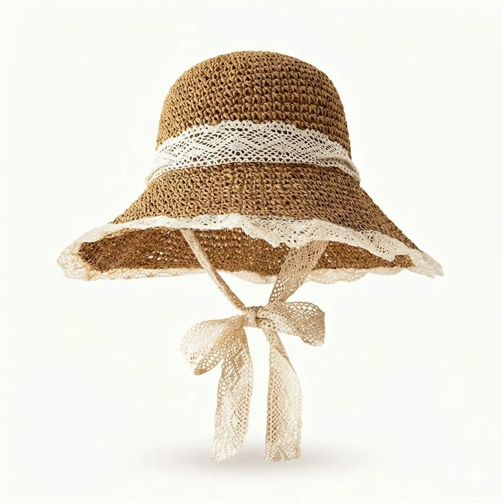 Anna-Kaci Women's Wide Brim Straw Sun Hat with Lace Trim & Tie, UV Protection Summer Beach Hat sold by Anna-Kaci product image thumbnail 4