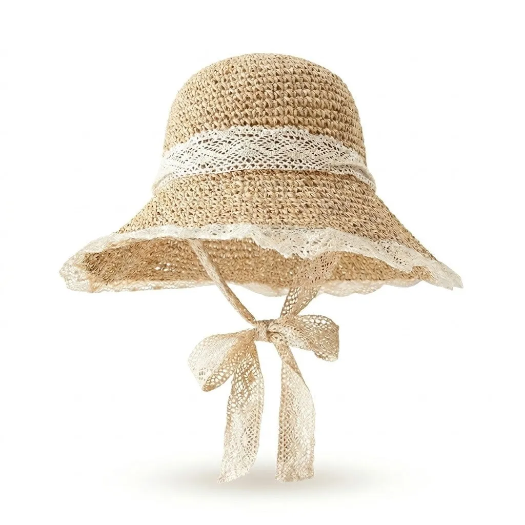 Anna-Kaci Women's Wide Brim Straw Sun Hat with Lace Trim & Tie, UV Protection Summer Beach Hat sold by Anna-Kaci
