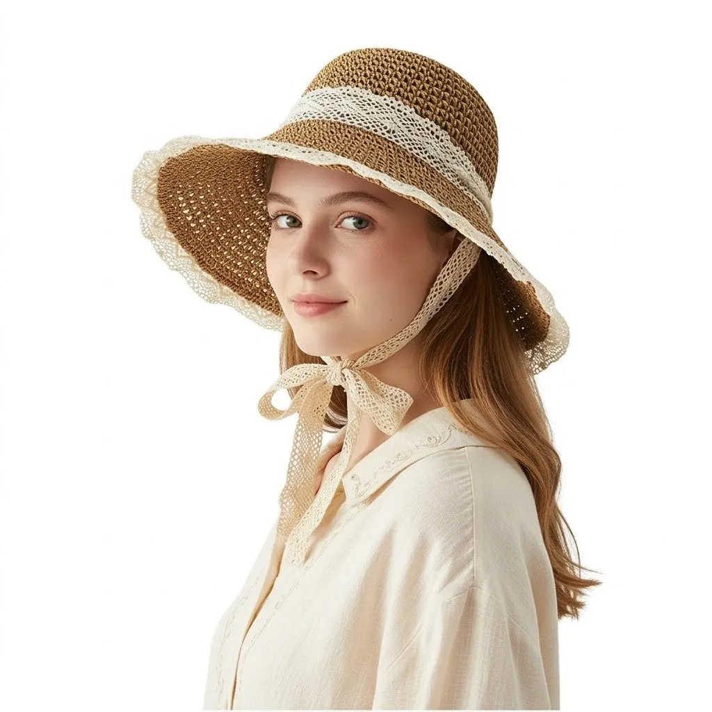 Anna-Kaci Women's Wide Brim Straw Sun Hat with Lace Trim & Tie, UV Protection Summer Beach Hat sold by Anna-Kaci product image thumbnail 5