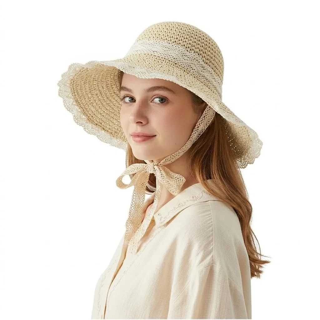 Anna-Kaci Women's Wide Brim Straw Sun Hat with Lace Trim & Tie, UV Protection Summer Beach Hat sold by Anna-Kaci product image thumbnail 2