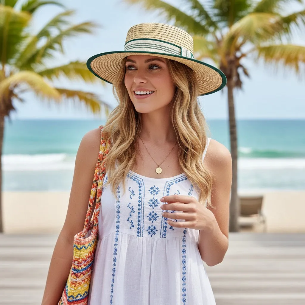 Anna-Kaci Women Straw Boater Hat Wide Brim Summer Sun Hat with Striped Band Trim sold by Anna-Kaci product image thumbnail 3