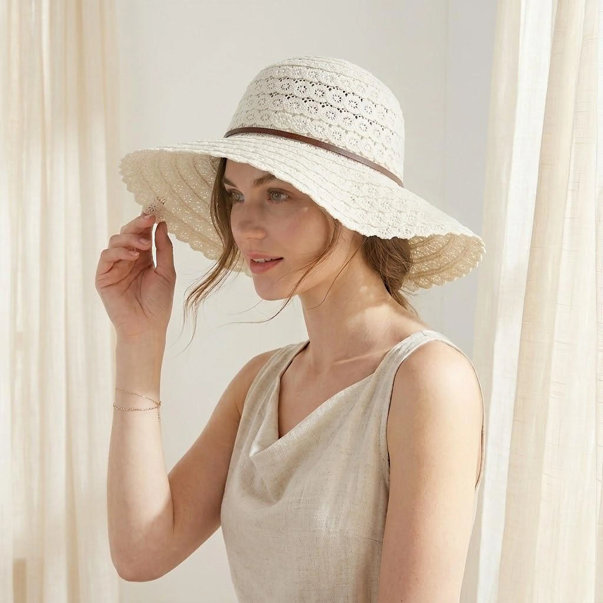 Anna-Kaci Women Wide Brim Crochet Sun Hat Lightweight Breathable Straw Hat with Chin Strap sold by Anna-Kaci product image thumbnail 2