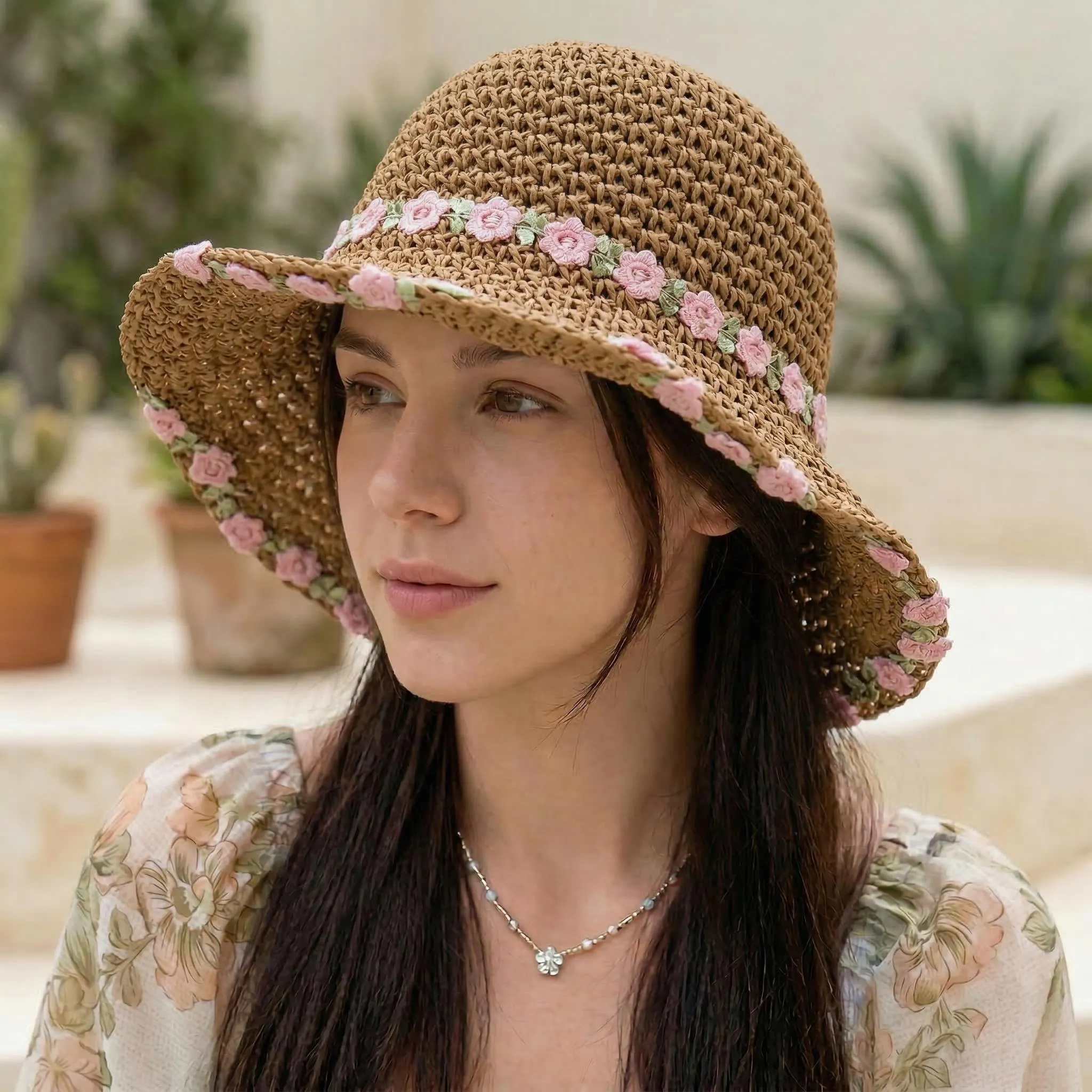 Anna-Kaci Women's Straw Sun Hat Wide Brim Floppy Beach Hat with Floral Trim Foldable Summer UV Protection sold by Anna-Kaci product image thumbnail 2