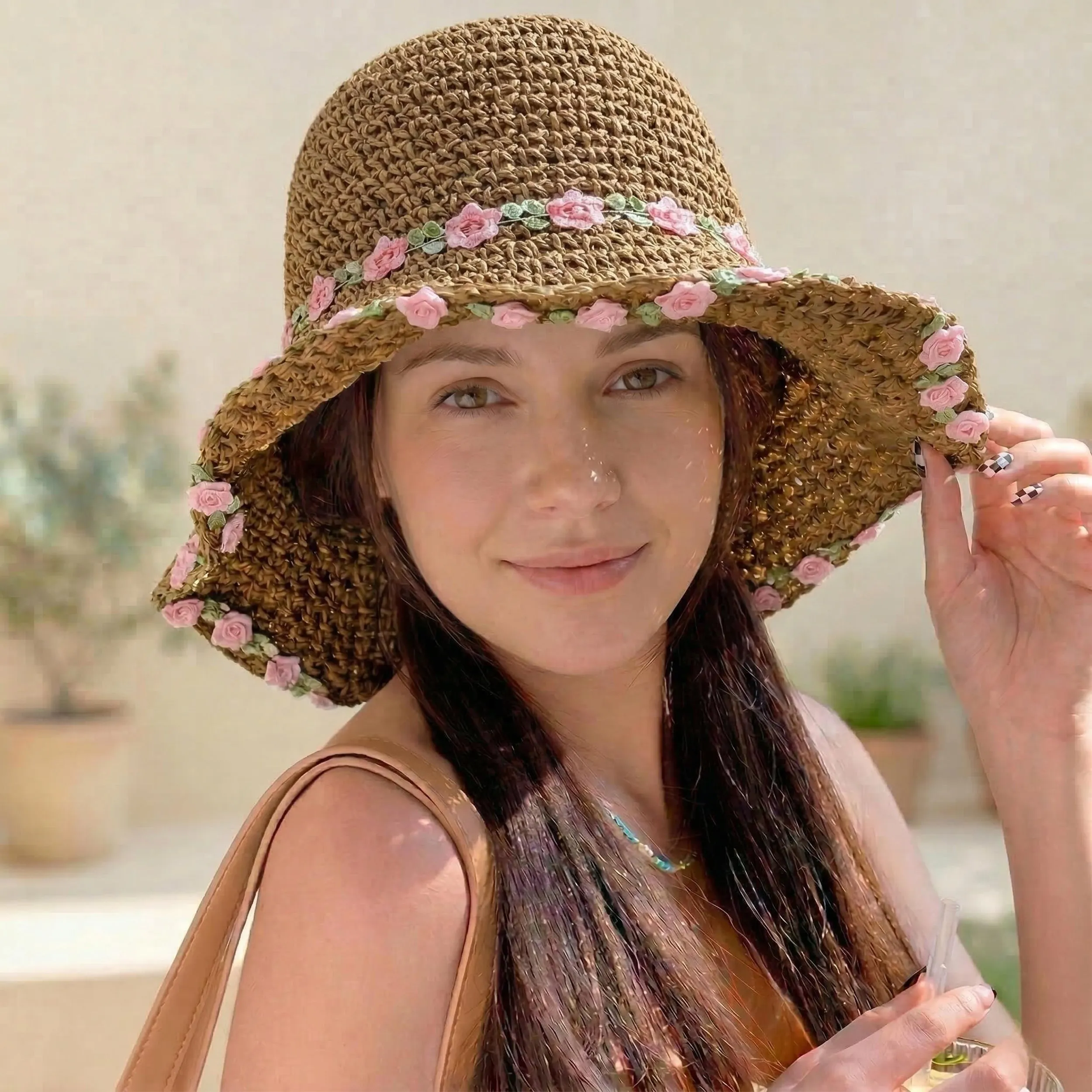 Anna-Kaci Women's Straw Sun Hat Wide Brim Floppy Beach Hat with Floral Trim Foldable Summer UV Protection sold by Anna-Kaci product image thumbnail 3