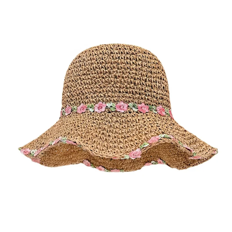 Anna-Kaci Women's Straw Sun Hat Wide Brim Floppy Beach Hat with Floral Trim Foldable Summer UV Protection made by Anna-Kaci