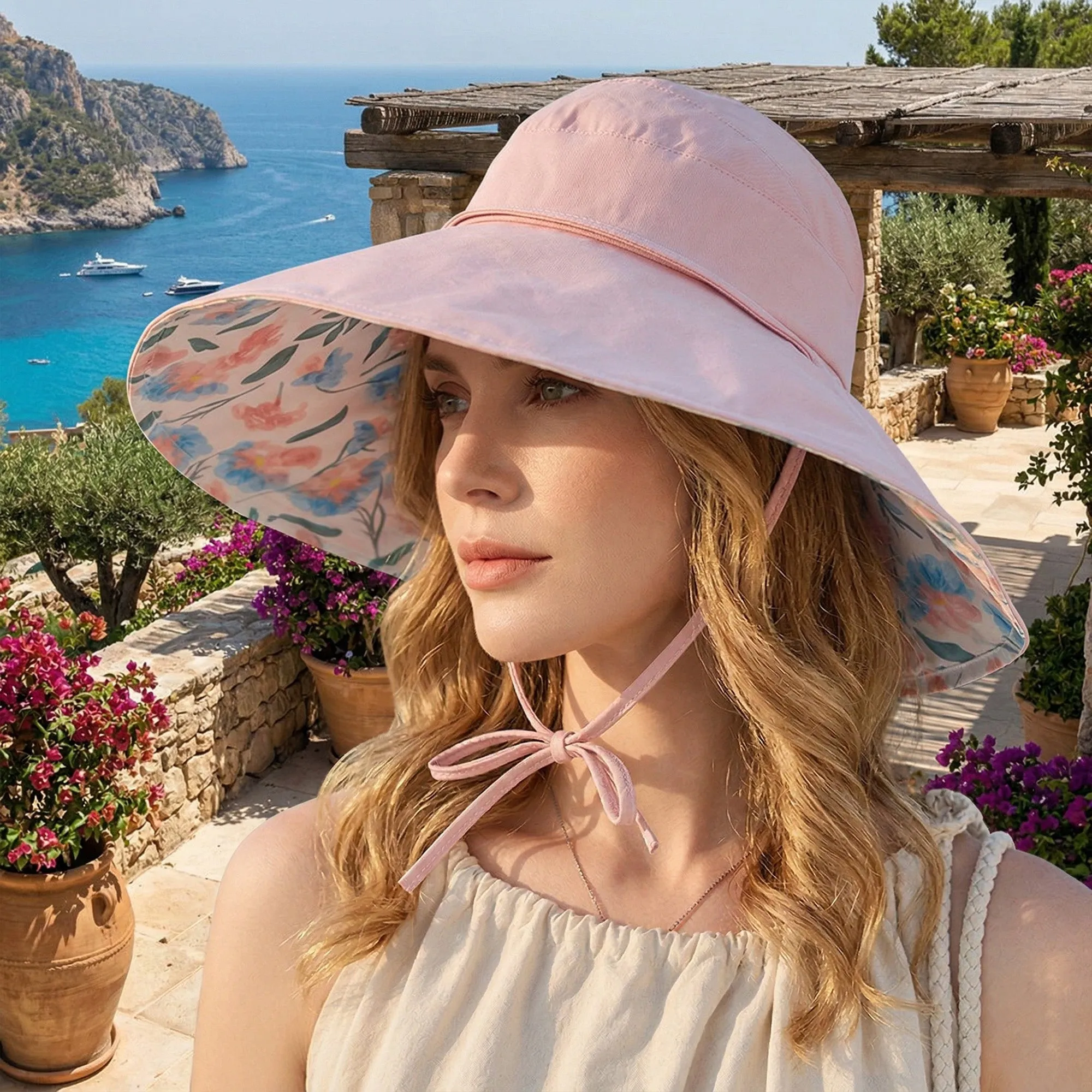 Anna-Kaci Womens Wide Brim Sun Hat with Floral Lining Ponytail Opening Lightweight Packable Beach Hat sold by Anna-Kaci product image thumbnail 3