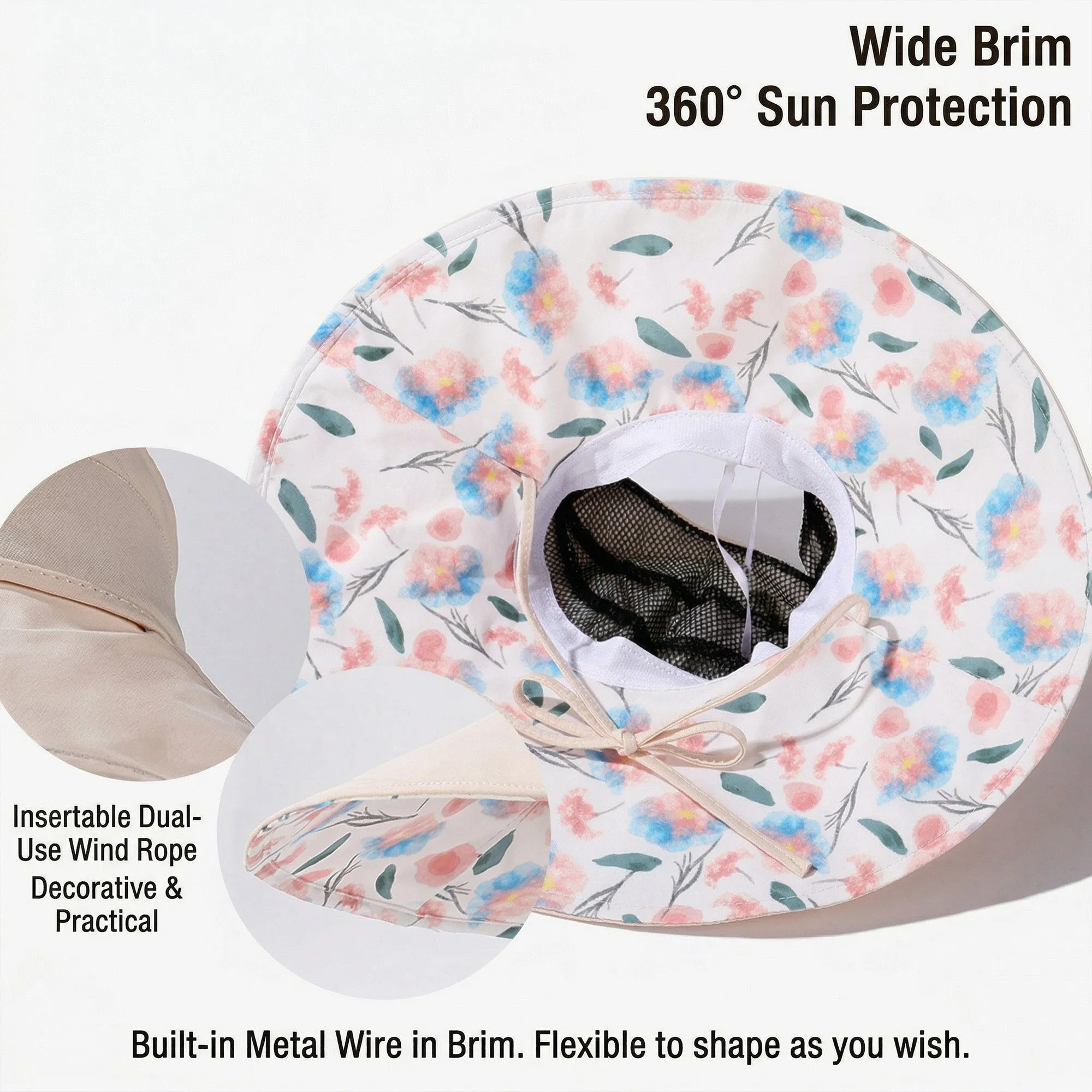 Anna-Kaci Womens Wide Brim Sun Hat with Floral Lining Ponytail Opening Lightweight Packable Beach Hat sold by Anna-Kaci product image thumbnail 4