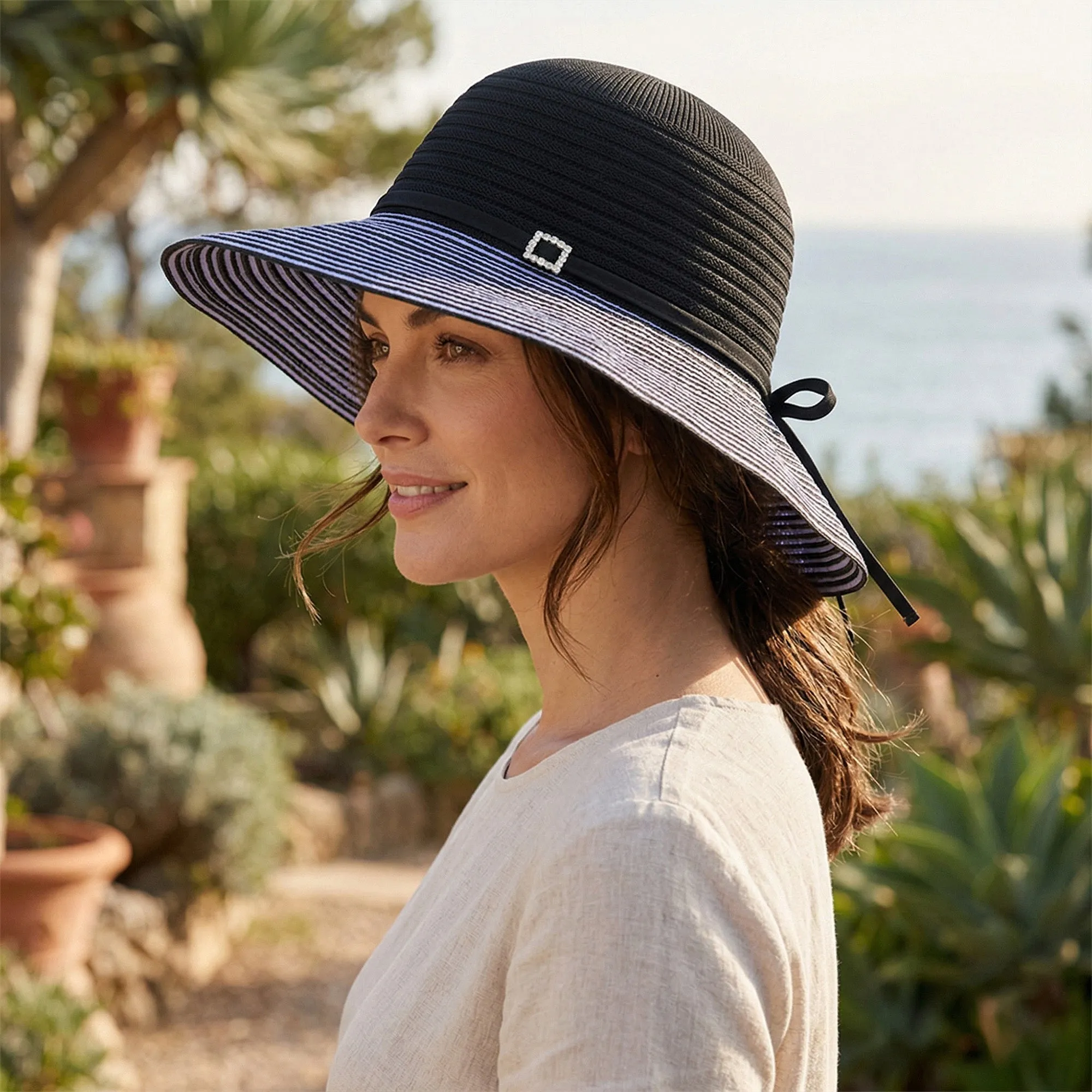 Anna-Kaci Womens Wide Brim Straw Sun Hat with Contrast Stripe Brim Bow Detail Lightweight Beach Hat sold by Anna-Kaci product image thumbnail 4