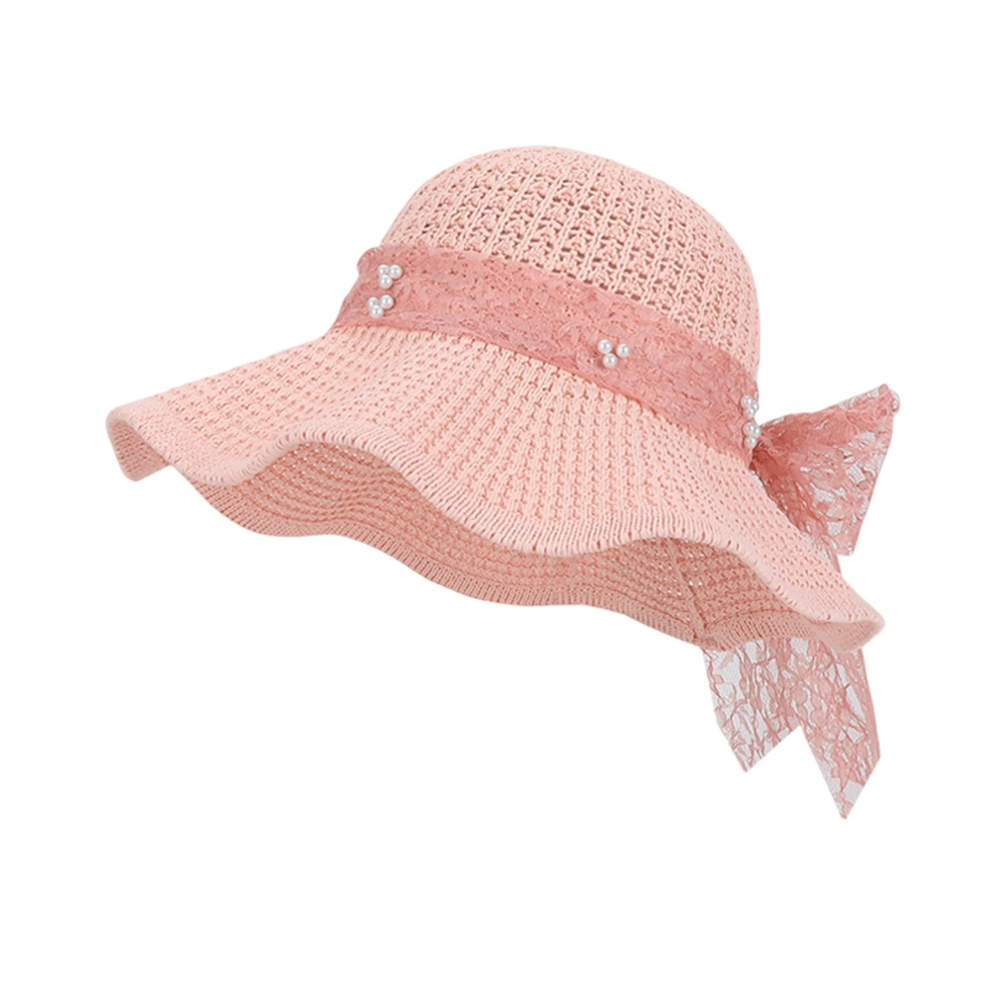 Anna-Kaci Women's Wide Brim Straw Sun Hat with Lace Bow Ribbon Pearl Decoration Summer Beach Floppy Hat sold by Anna-Kaci