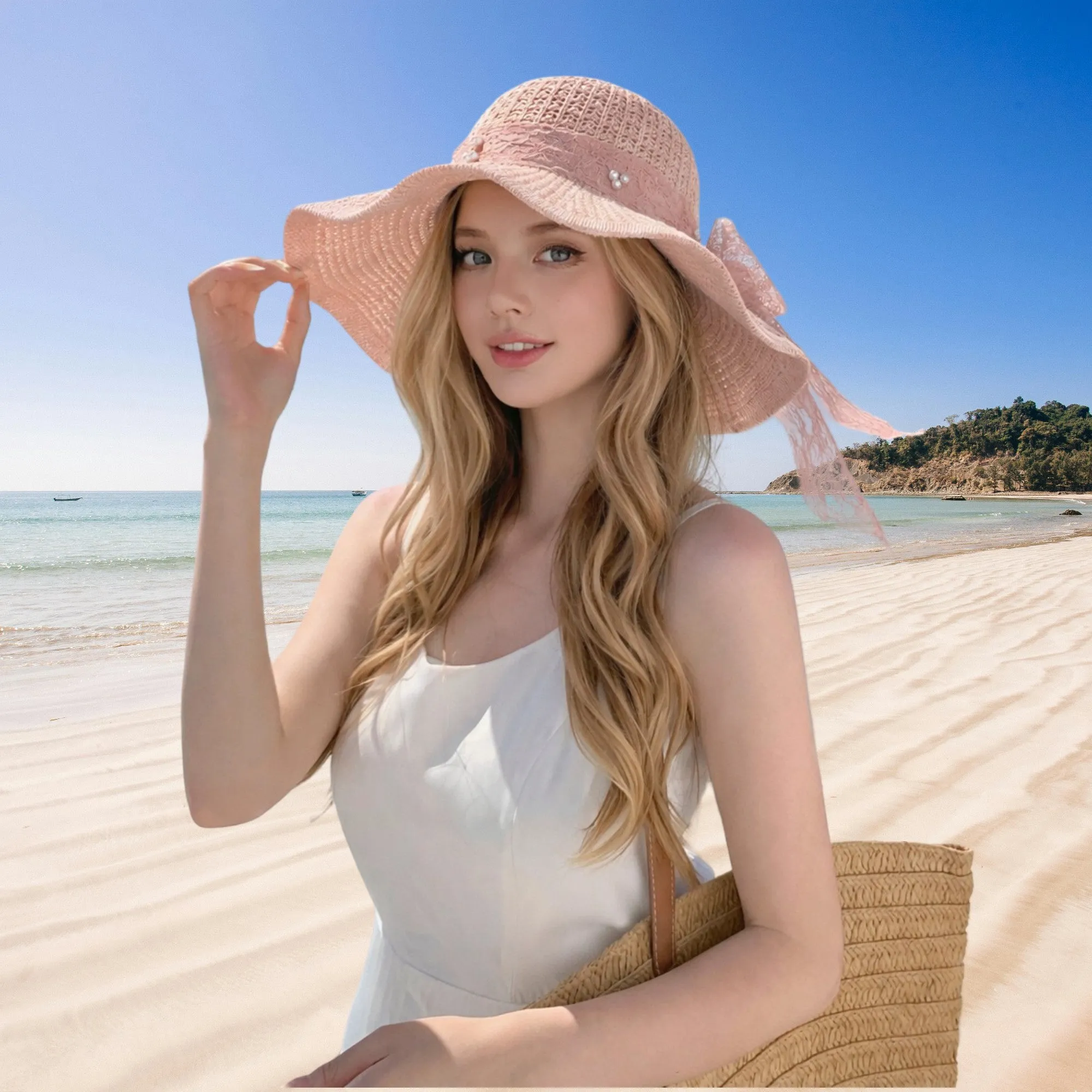 Anna-Kaci Women's Wide Brim Straw Sun Hat with Lace Bow Ribbon Pearl Decoration Summer Beach Floppy Hat sold by Anna-Kaci product image thumbnail 2