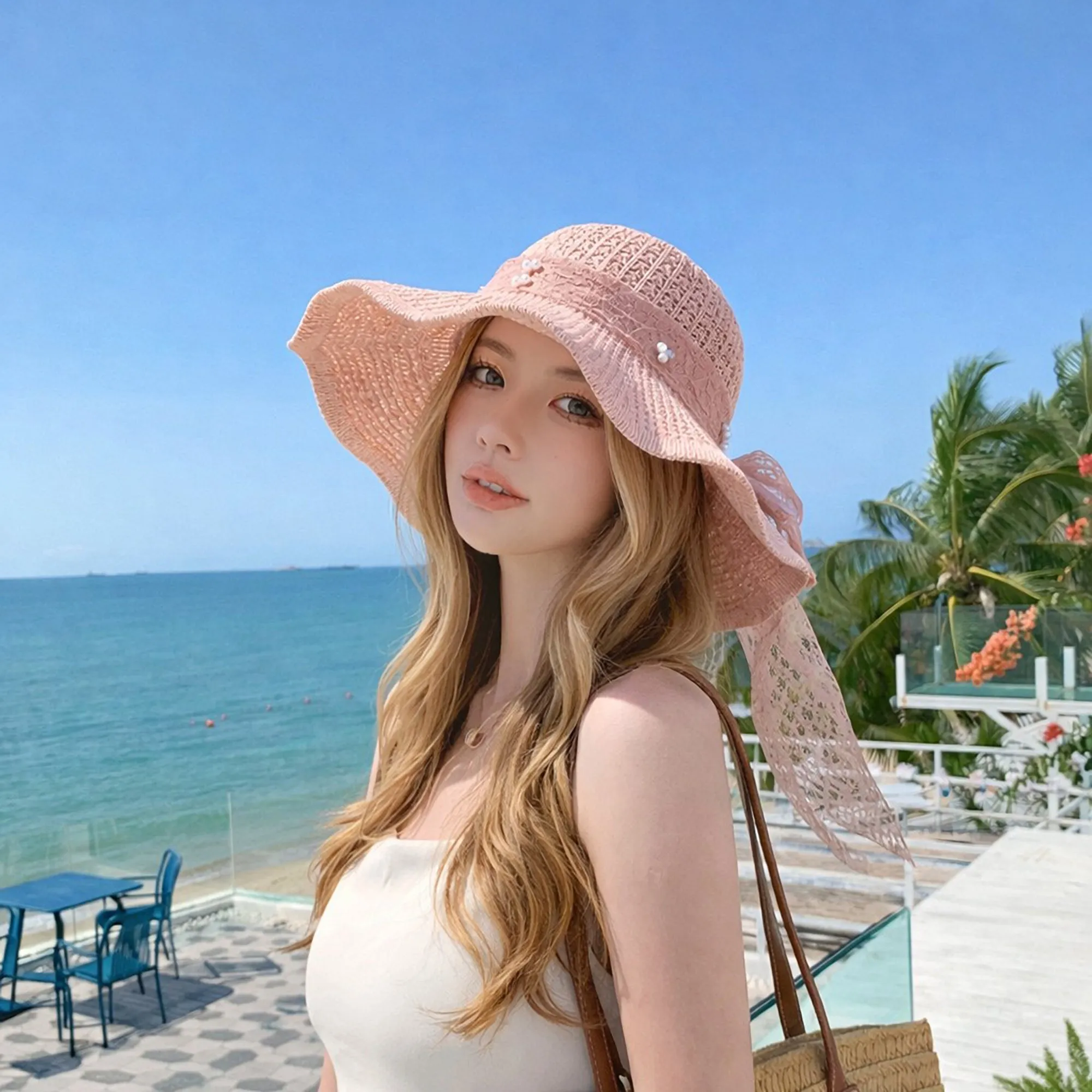 Anna-Kaci Women's Wide Brim Straw Sun Hat with Lace Bow Ribbon Pearl Decoration Summer Beach Floppy Hat sold by Anna-Kaci product image thumbnail 3