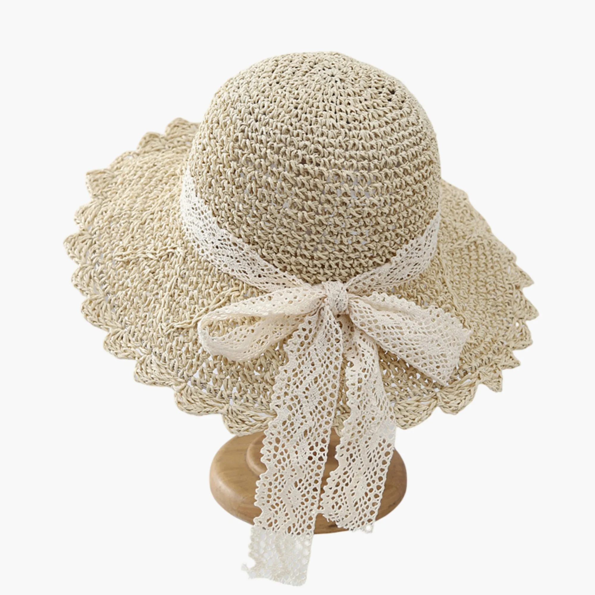 Anna-Kaci Womens Wide Brim Crochet Straw Sun Hat with Lace Bow Adjustable Fit sold by Anna-Kaci