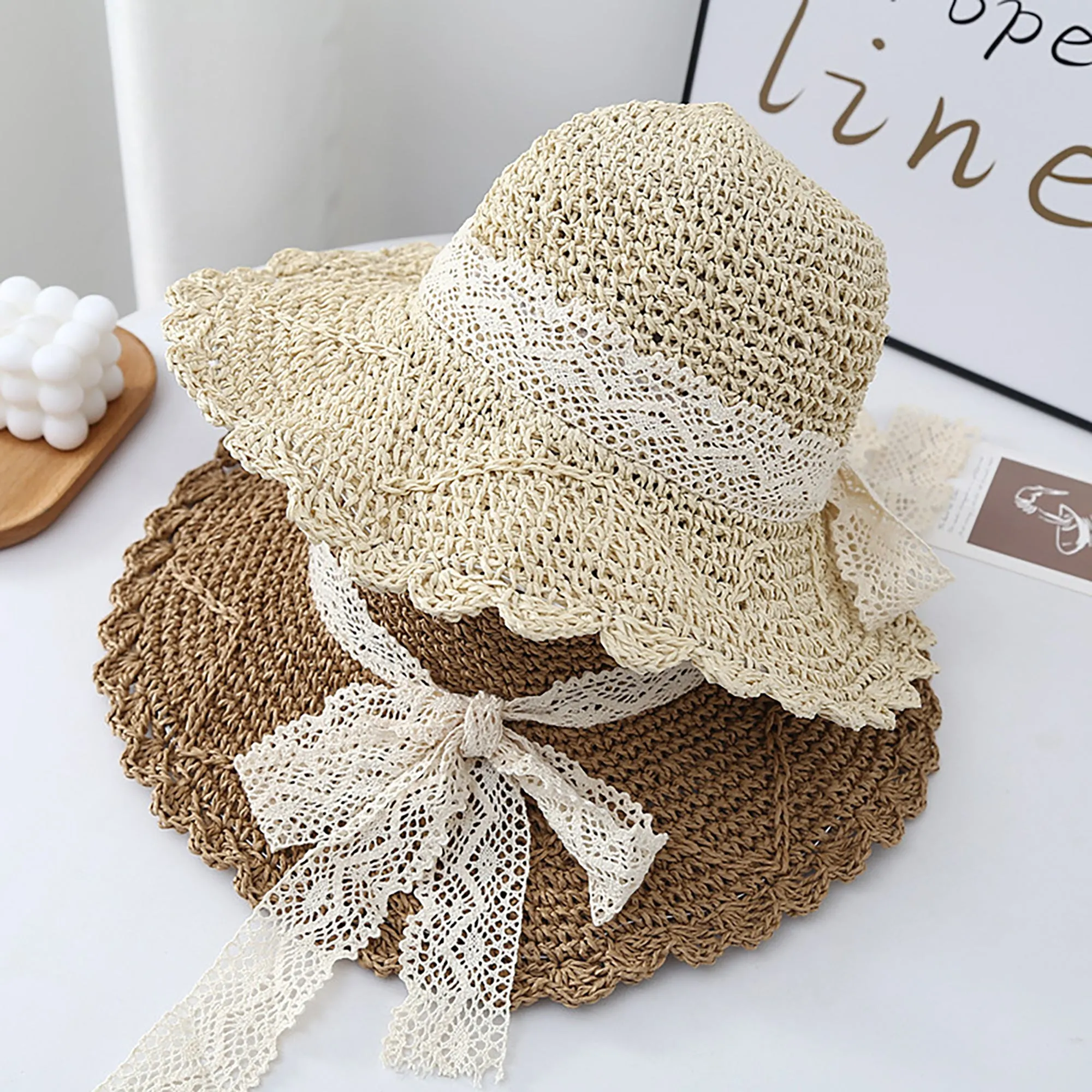 Anna-Kaci Womens Wide Brim Crochet Straw Sun Hat with Lace Bow Adjustable Fit sold by Anna-Kaci product image thumbnail 2