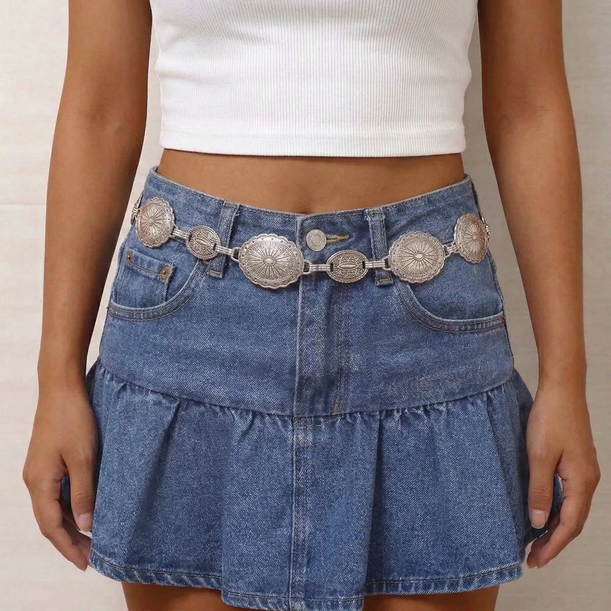 Anna-Kaci Women's Western Concho Chain Waist Belt - Oval Engraved Medallion Disc, Vintage Boho Statement Style sold by Anna-Kaci product image thumbnail 3