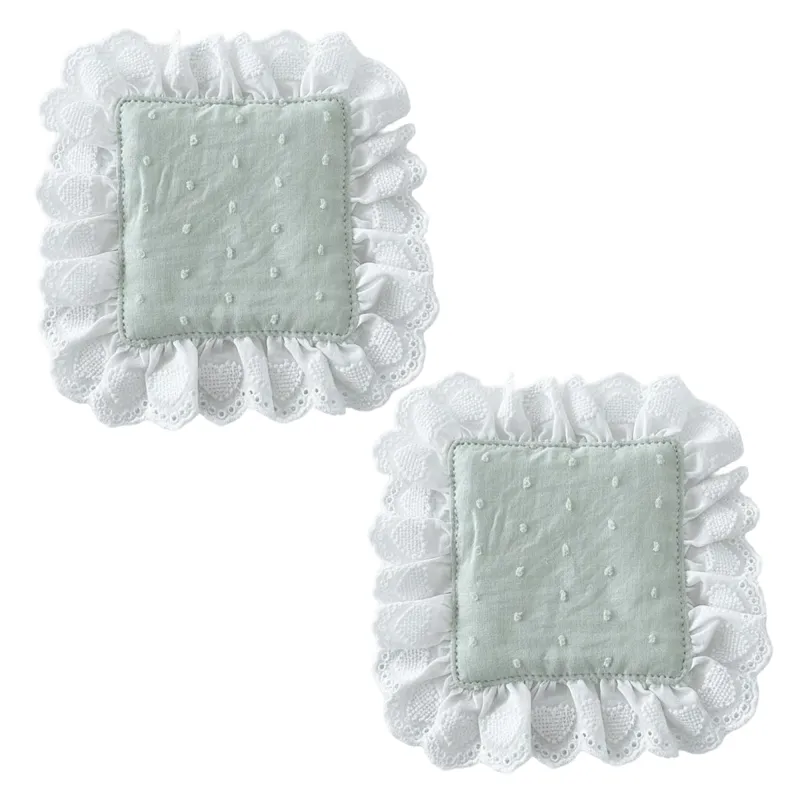 Anna-Kaci 2-PC Lace Trim Square Fabric Cup Coaster with Soft Padded Center and Embroidered Detail made by Anna-Kaci