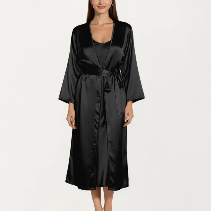 Anna-Kaci Women's 2-Piece Set Satin Sleepwear Slip Dress with Matching Long Sleeve Robe Silky Pajama Set made by Anna-Kaci