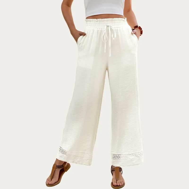 Anna-Kaci High Waist Wide Leg Pants with Drawstring Waist and Lace Trim Hem Relaxed Fit Lightweight Design made by Anna-Kaci