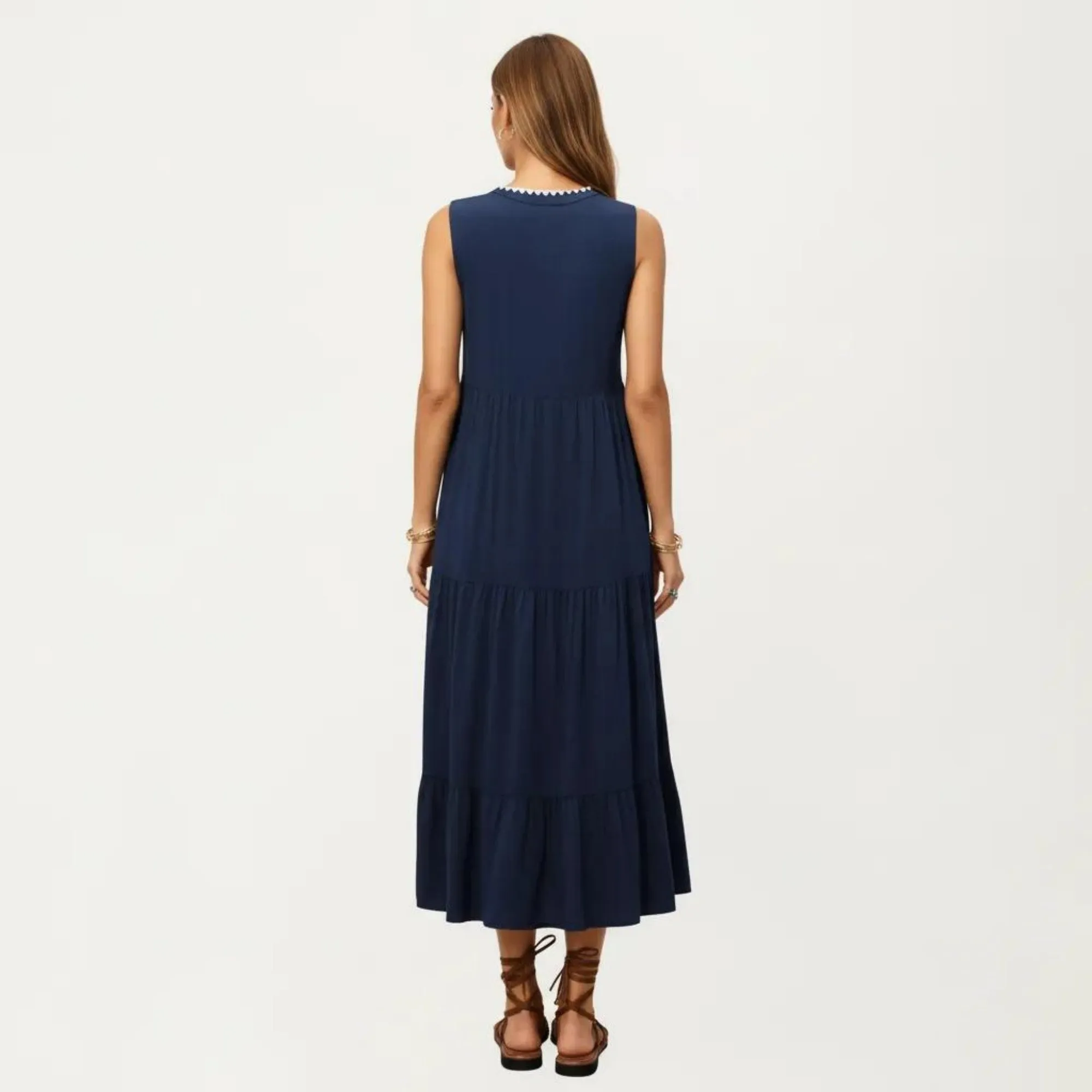 Anna-Kaci Sleeveless V Neck Midi Dress with Contrast Trim Detail Tiered Skirt and Relaxed Flowy Fit Design sold by Anna-Kaci product image thumbnail 4