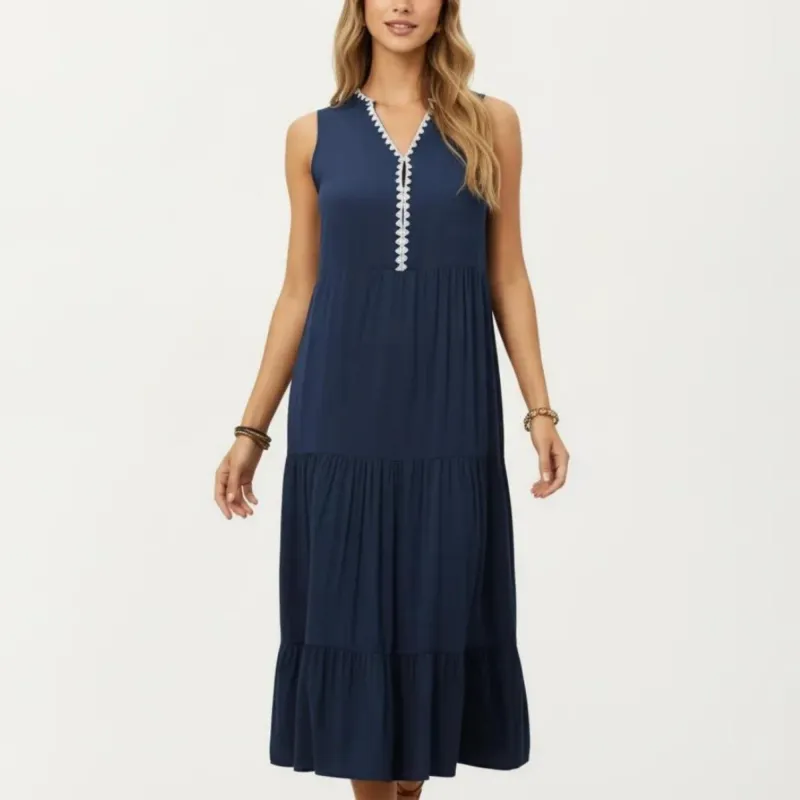 Anna-Kaci Sleeveless V Neck Midi Dress with Contrast Trim Detail Tiered Skirt and Relaxed Flowy Fit Design made by Anna-Kaci
