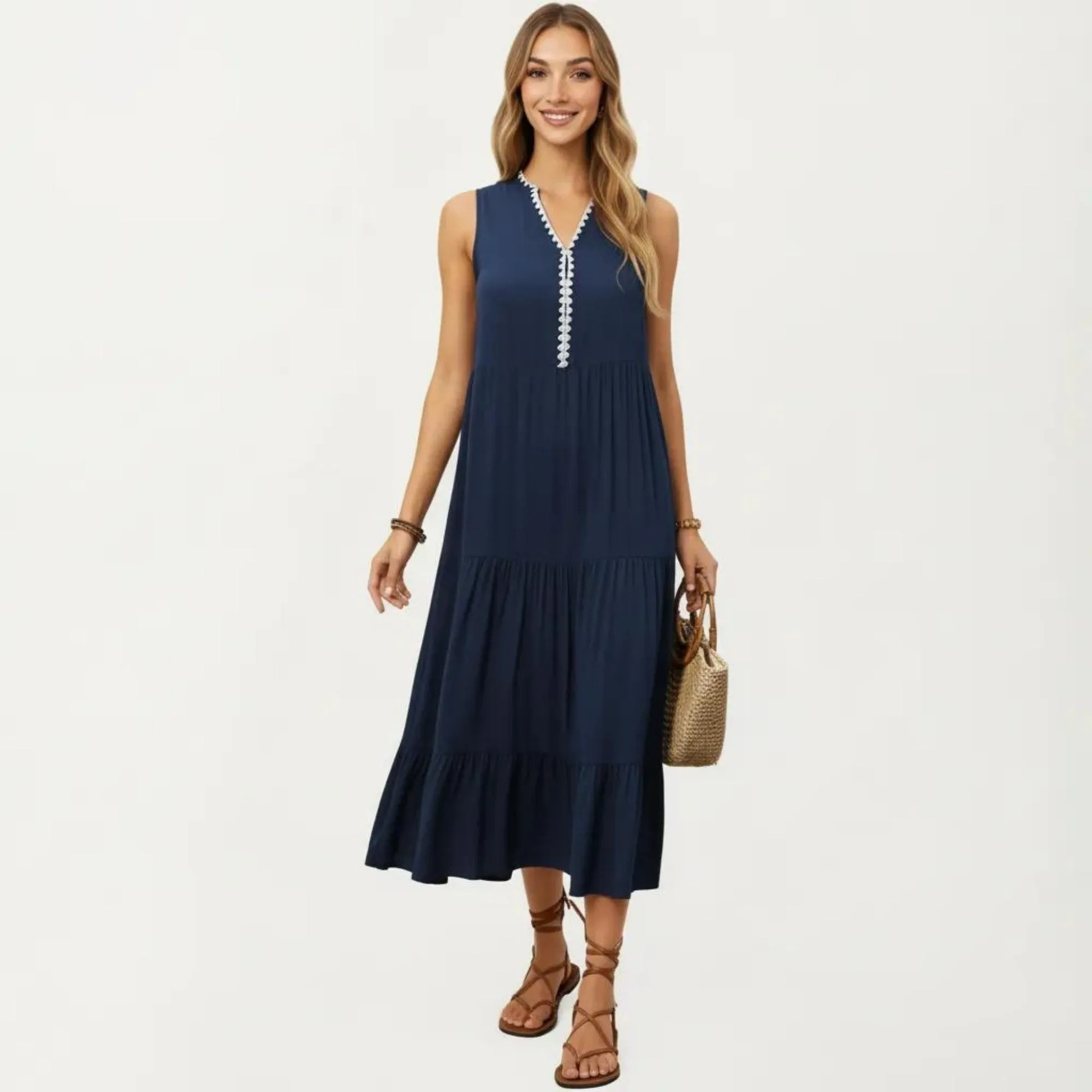 Anna-Kaci Sleeveless V Neck Midi Dress with Contrast Trim Detail Tiered Skirt and Relaxed Flowy Fit Design sold by Anna-Kaci product image thumbnail 3