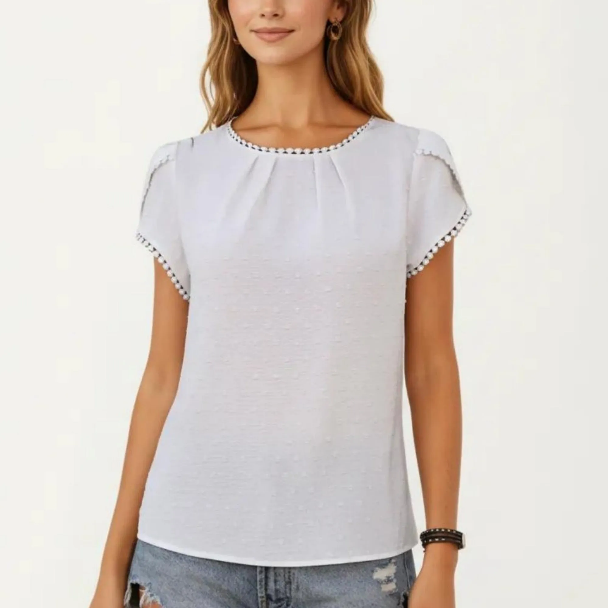 Anna-Kaci Short Sleeve Blouse with Pom Trim Round Neck Textured Fabric Loose Fit Casual Top sold by Anna-Kaci