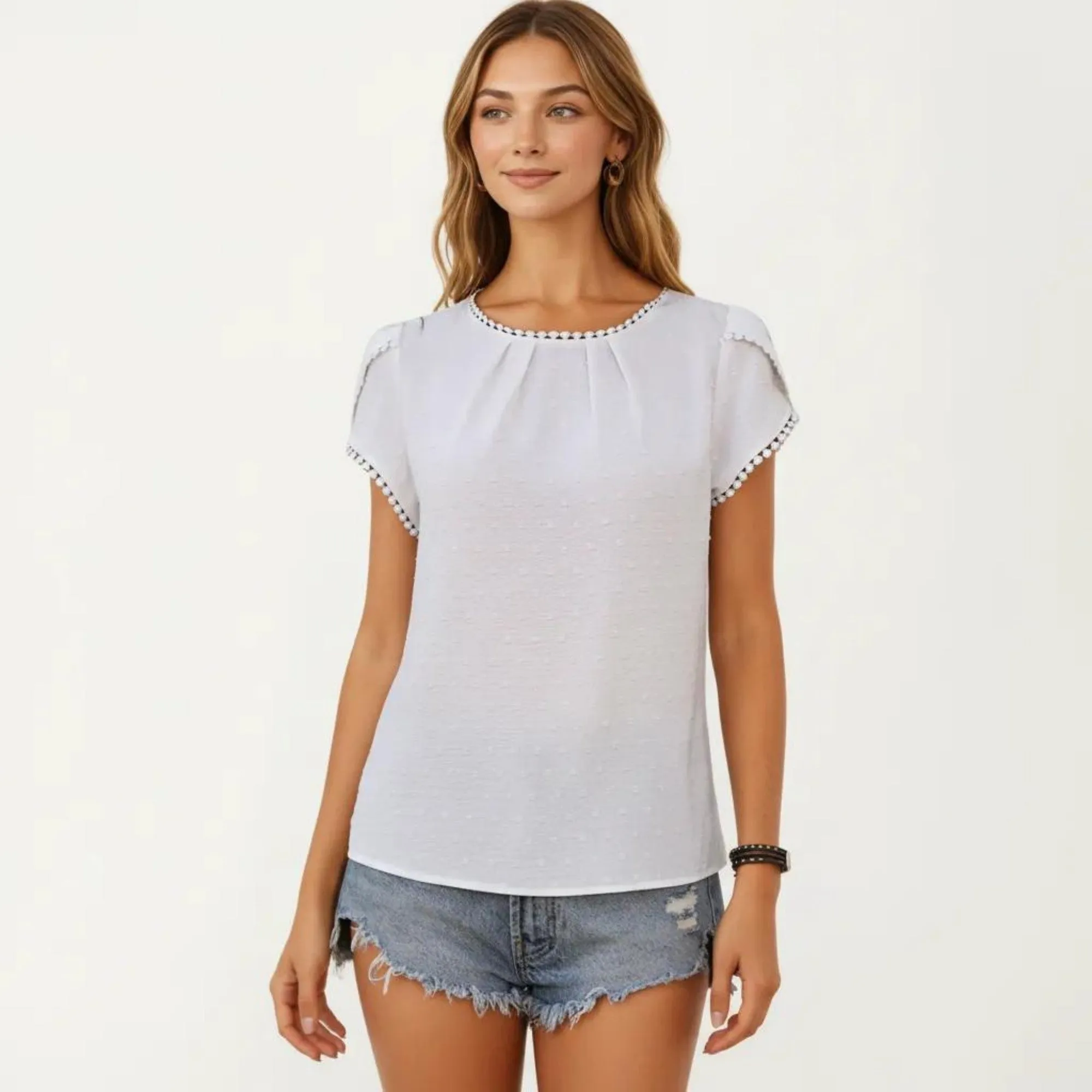 Anna-Kaci Short Sleeve Blouse with Pom Trim Round Neck Textured Fabric Loose Fit Casual Top sold by Anna-Kaci product image thumbnail 2