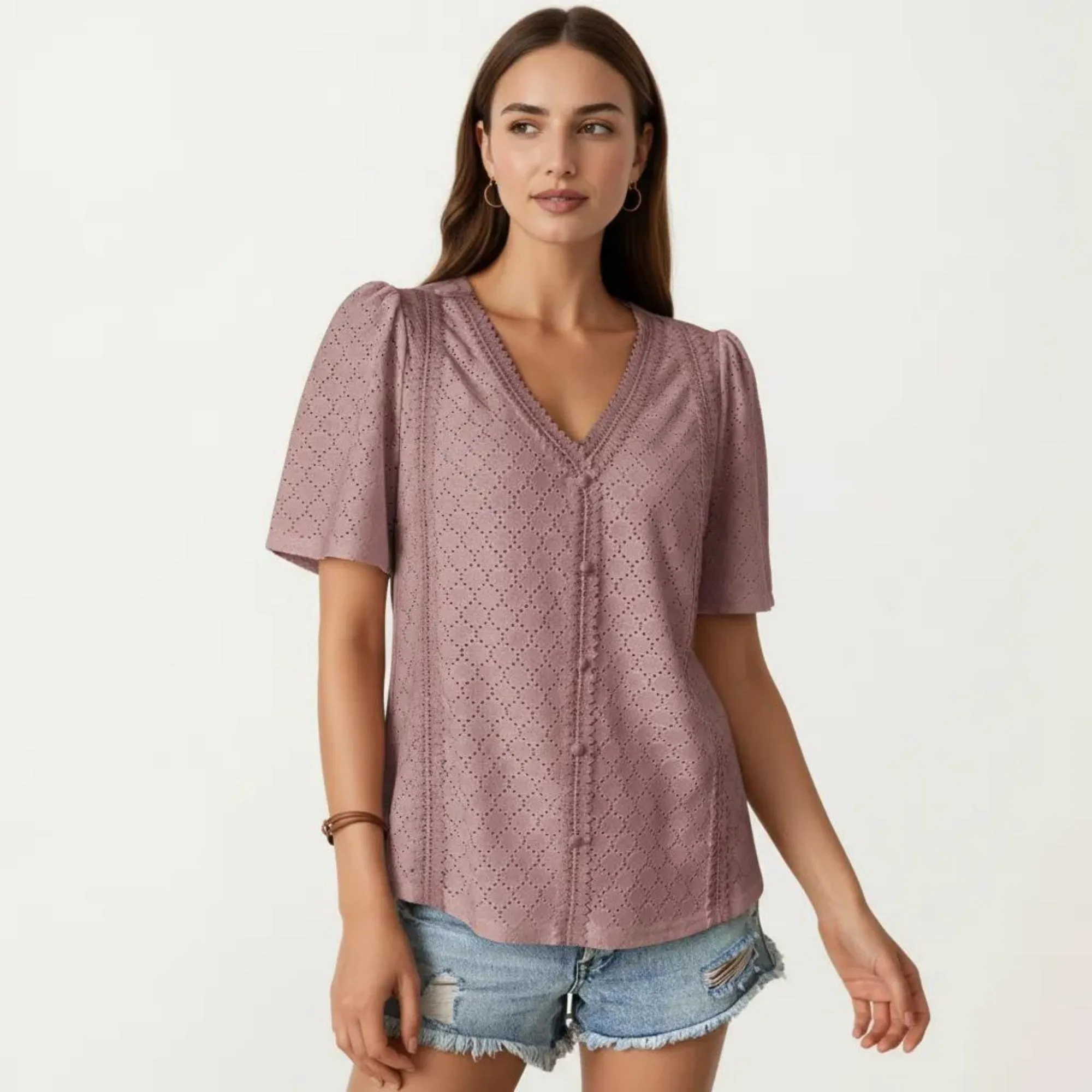 Anna-Kaci Short Sleeve Eyelet Blouse with V Neck Button Front Lace Trim Textured Shirt Top sold by Anna-Kaci product image thumbnail 2
