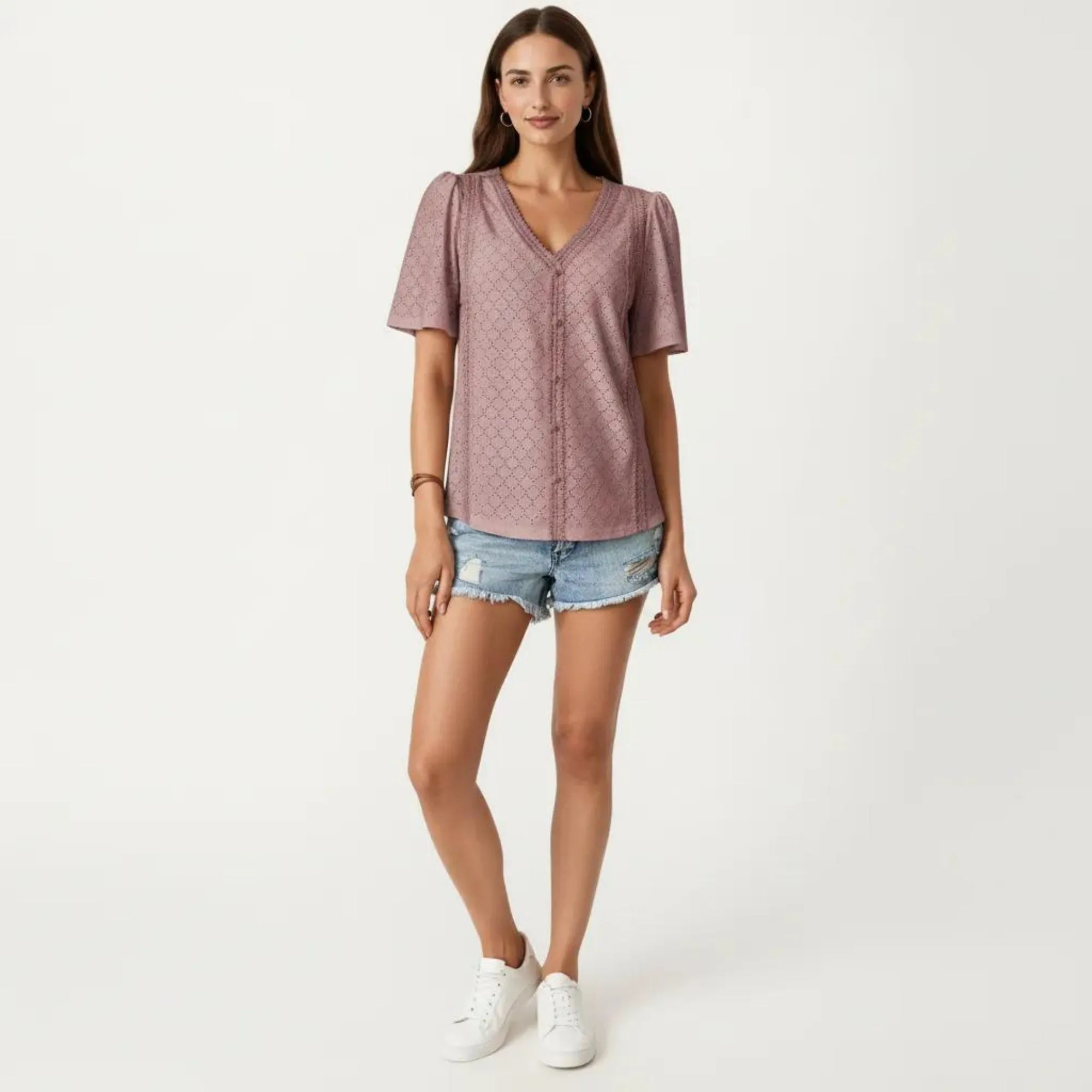Anna-Kaci Short Sleeve Eyelet Blouse with V Neck Button Front Lace Trim Textured Shirt Top sold by Anna-Kaci product image thumbnail 3