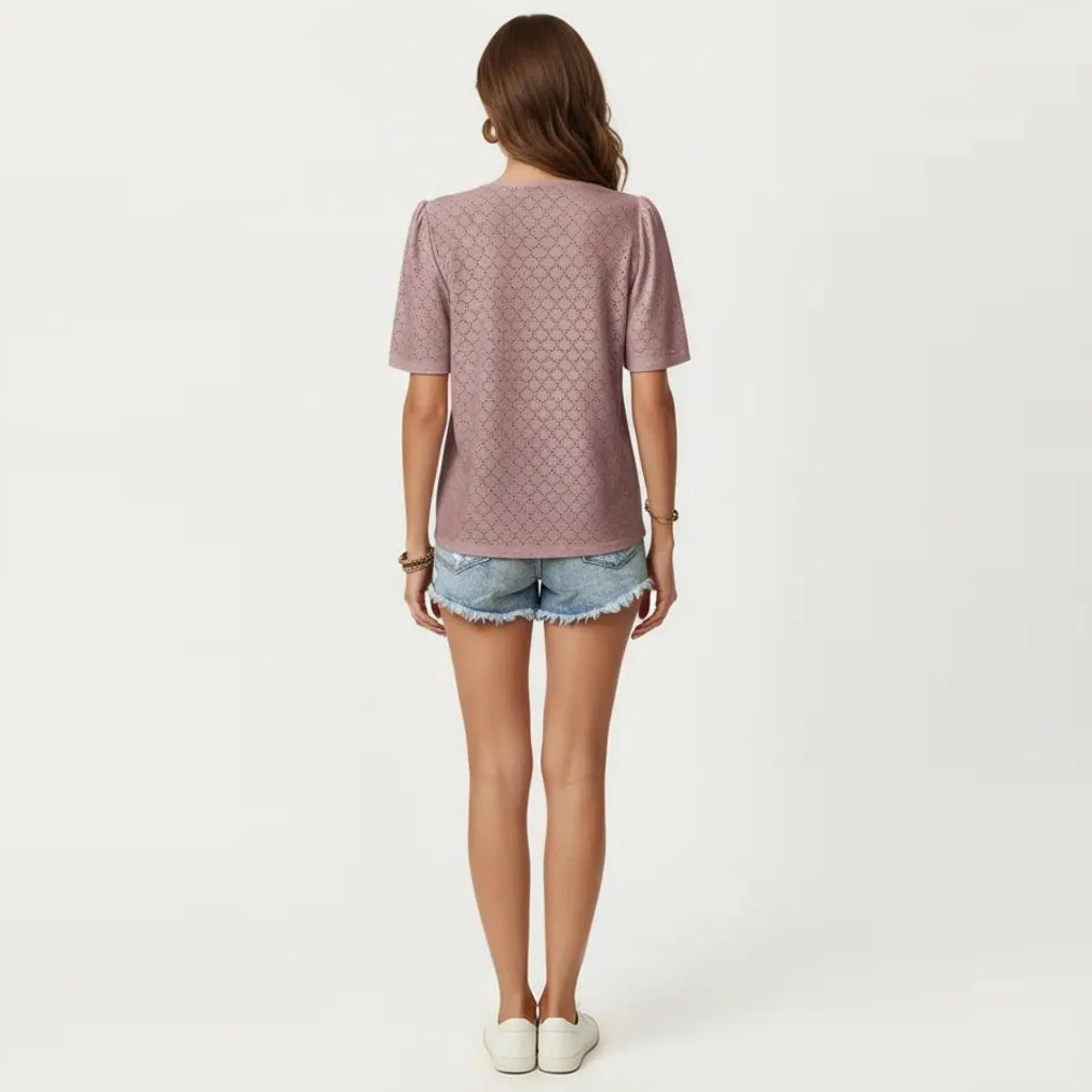 Anna-Kaci Short Sleeve Eyelet Blouse with V Neck Button Front Lace Trim Textured Shirt Top sold by Anna-Kaci product image thumbnail 4