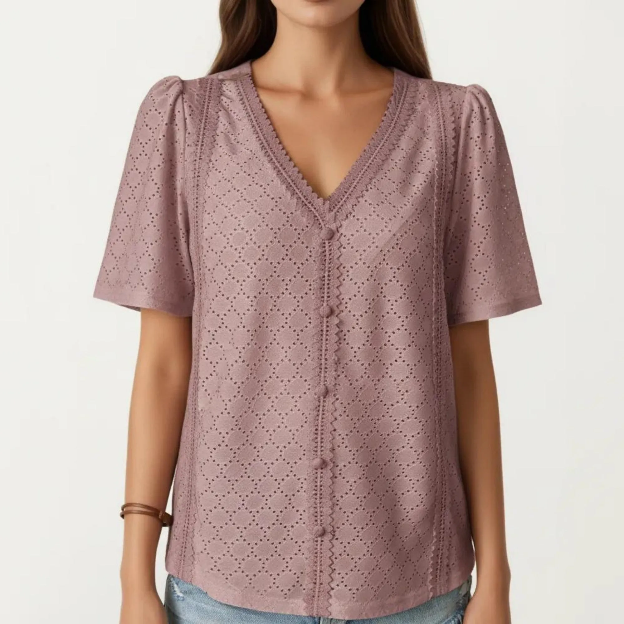 Anna-Kaci Short Sleeve Eyelet Blouse with V Neck Button Front Lace Trim Textured Shirt Top sold by Anna-Kaci