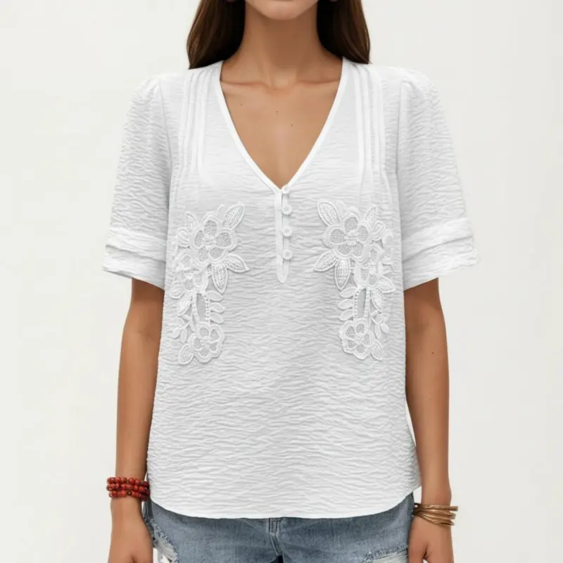 Anna-Kaci Short Sleeve Blouse with V Neck Button Front Floral Embroidery Textured Casual Top made by Anna-Kaci