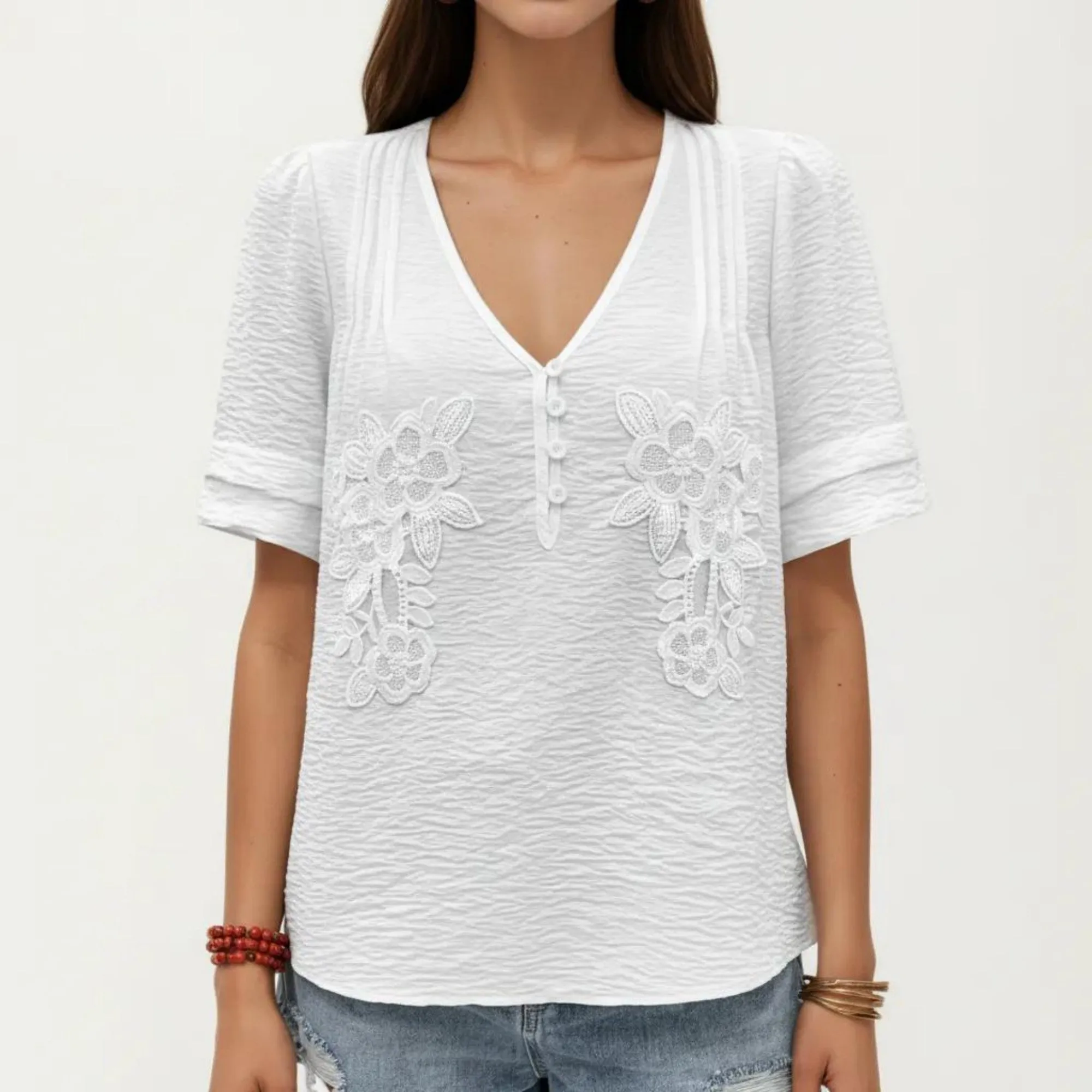 Anna-Kaci Short Sleeve Blouse with V Neck Button Front Floral Embroidery Textured Casual Top sold by Anna-Kaci