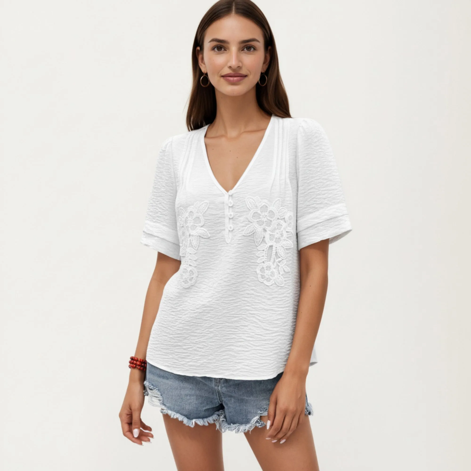 Anna-Kaci Short Sleeve Blouse with V Neck Button Front Floral Embroidery Textured Casual Top sold by Anna-Kaci product image thumbnail 2