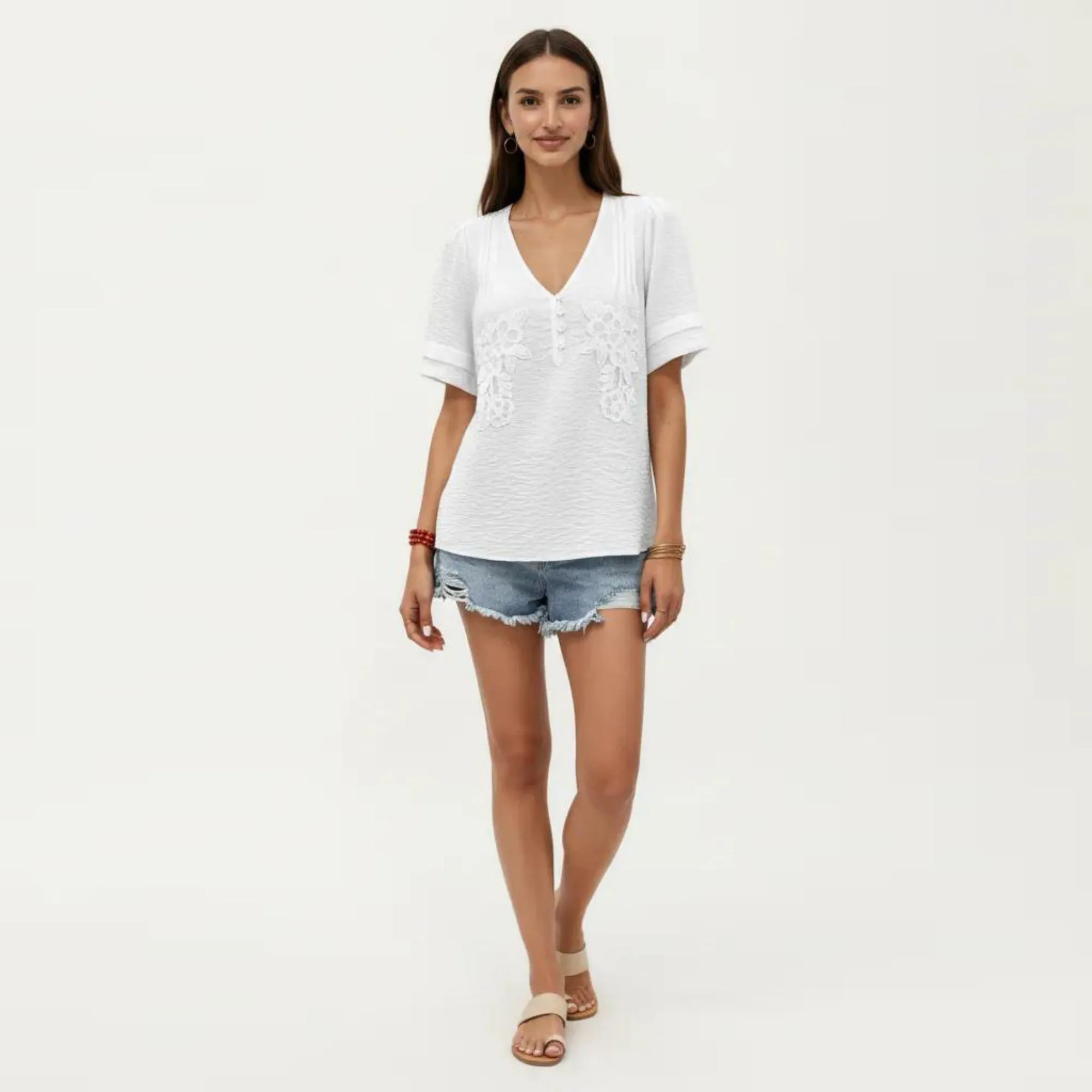 Anna-Kaci Short Sleeve Blouse with V Neck Button Front Floral Embroidery Textured Casual Top sold by Anna-Kaci product image thumbnail 3