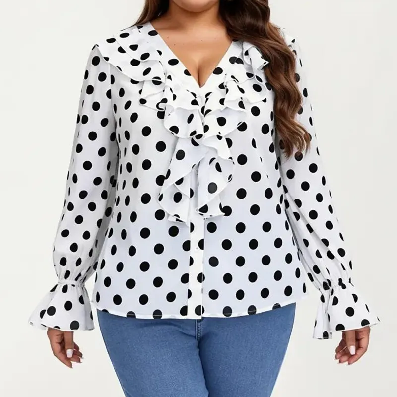 Anna-Kaci Women's Plus Size Long Sleeve Polka Dot Blouse with Ruffle Front Detail V Neck Lightweight Top made by Anna-Kaci